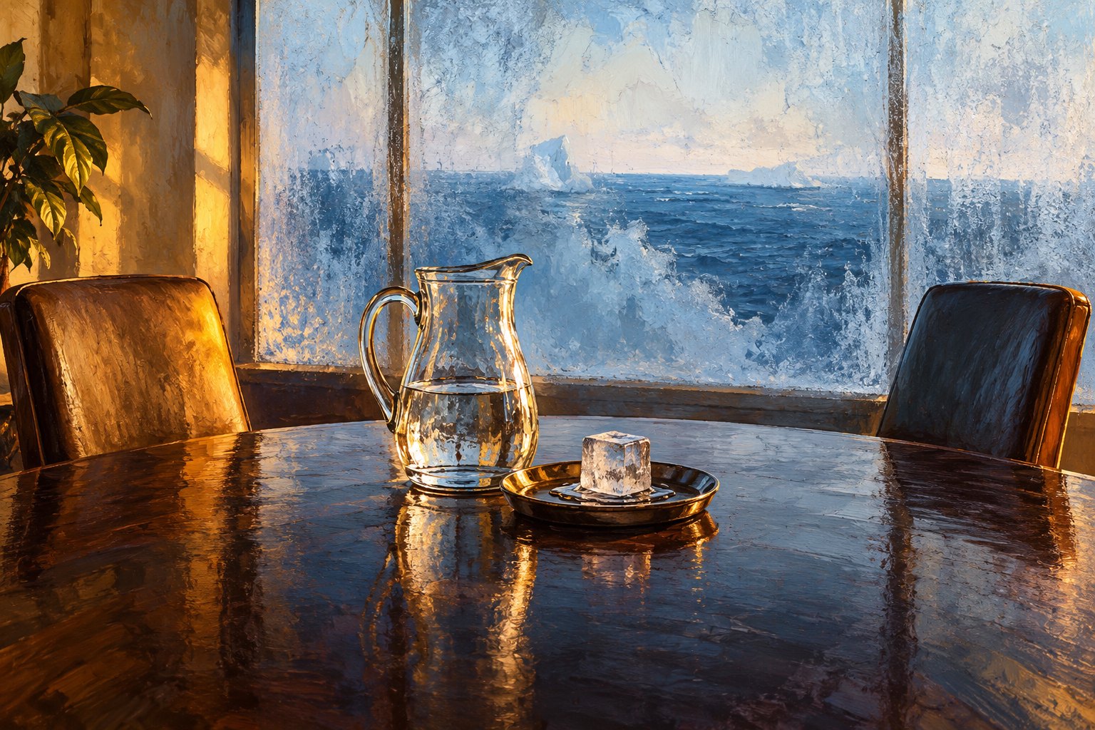 Conceptual illustration of two empty chairs facing a table with a water pitcher and melting ice beside an ocean-facing window.