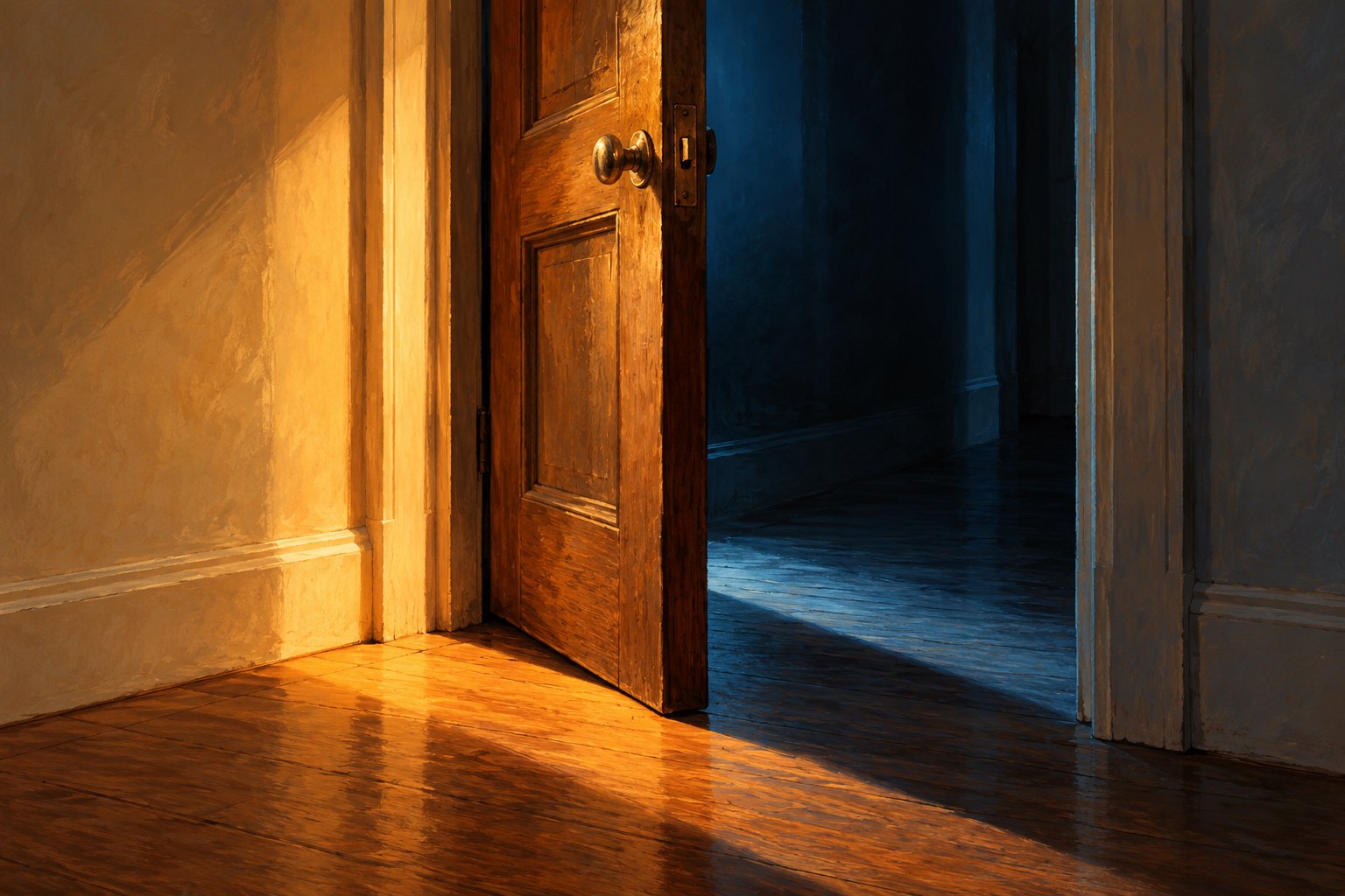 Conceptual illustration of a partly open wooden door separating a warmly lit hallway from a dark blue room.