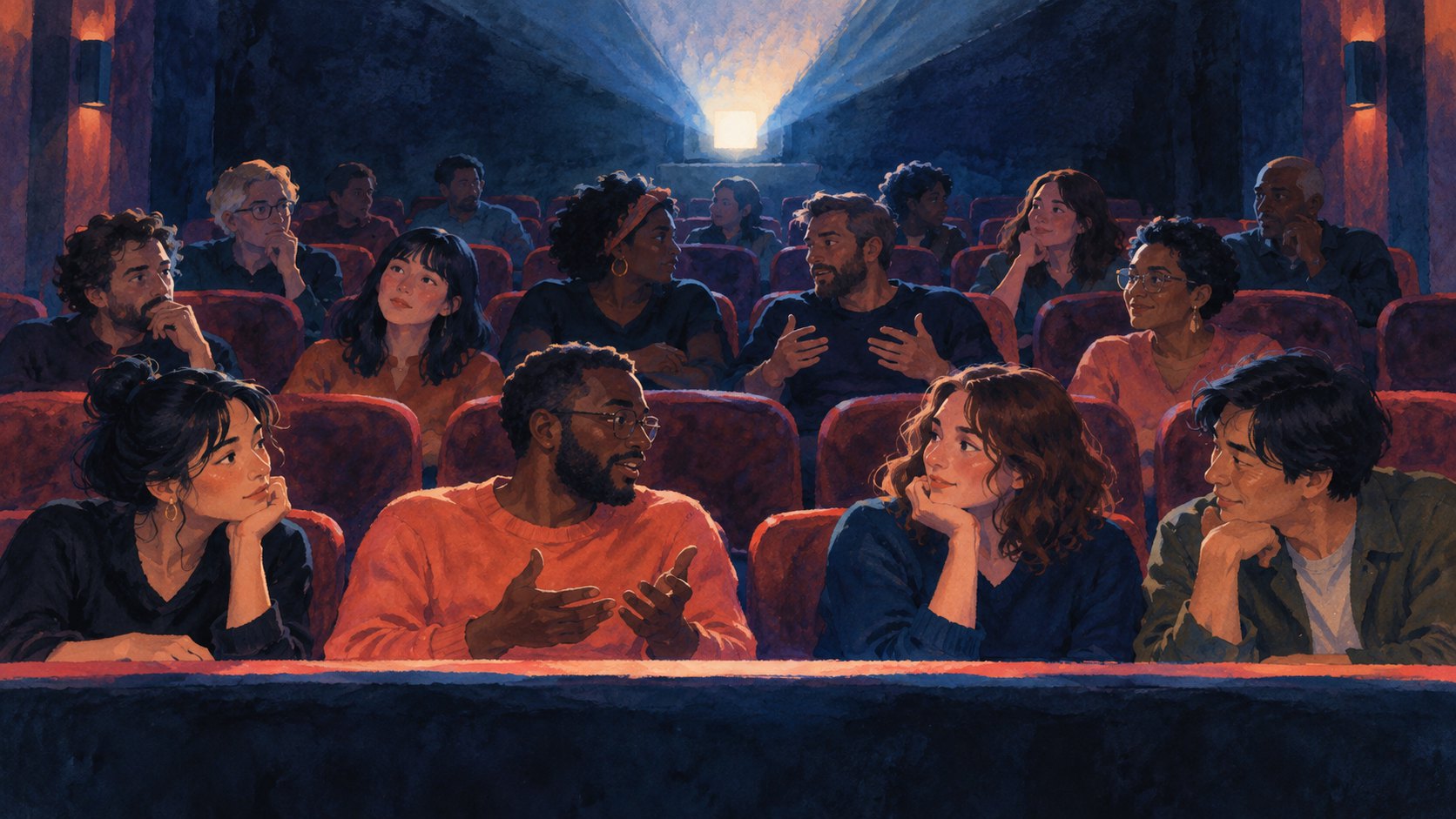 概念插畫:不同觀眾坐在戲院座位間交流感受,身後的放映光束映照各自的表情