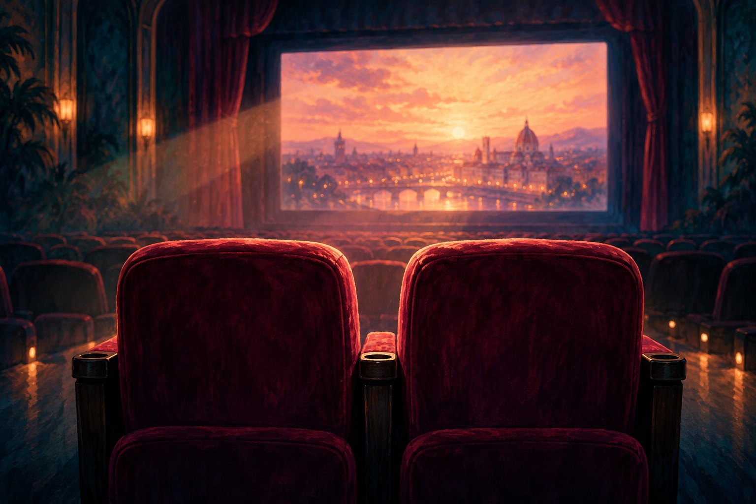 Painted illustration of two burgundy cinema seats facing a screen filled with a glowing city sunset.