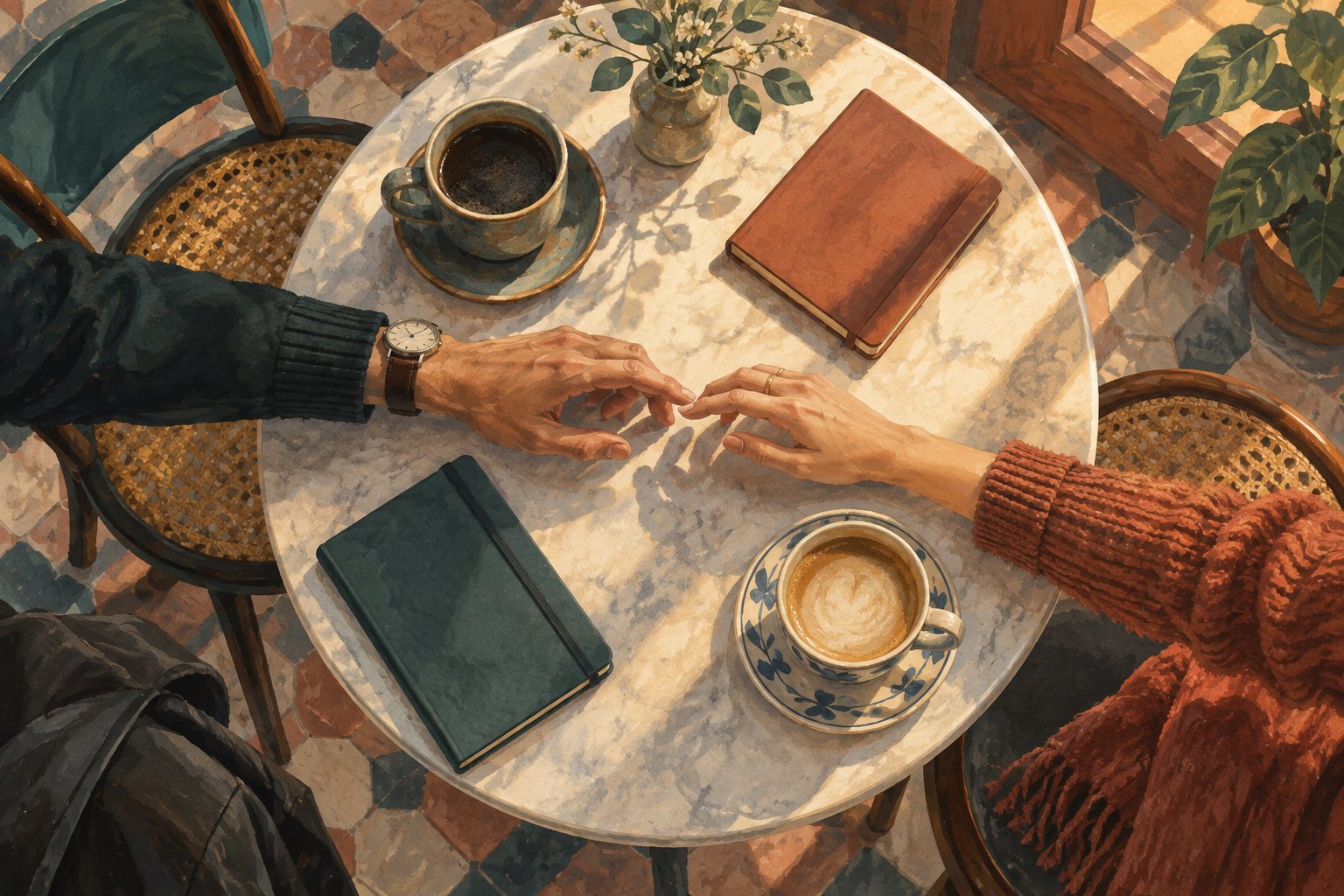 An overhead illustration shows two hands reaching across a cafe table between coffee cups and closed notebooks.
