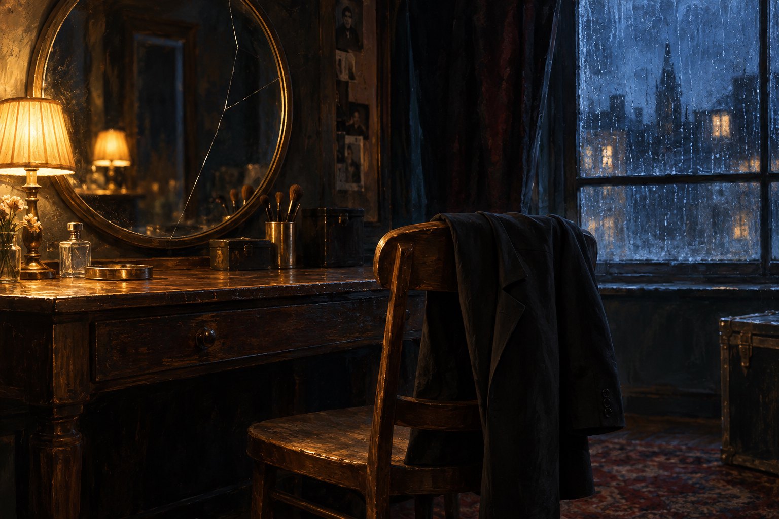 A cracked dressing-room mirror and a black jacket on a wooden chair between warm lamplight and a rain-streaked window.