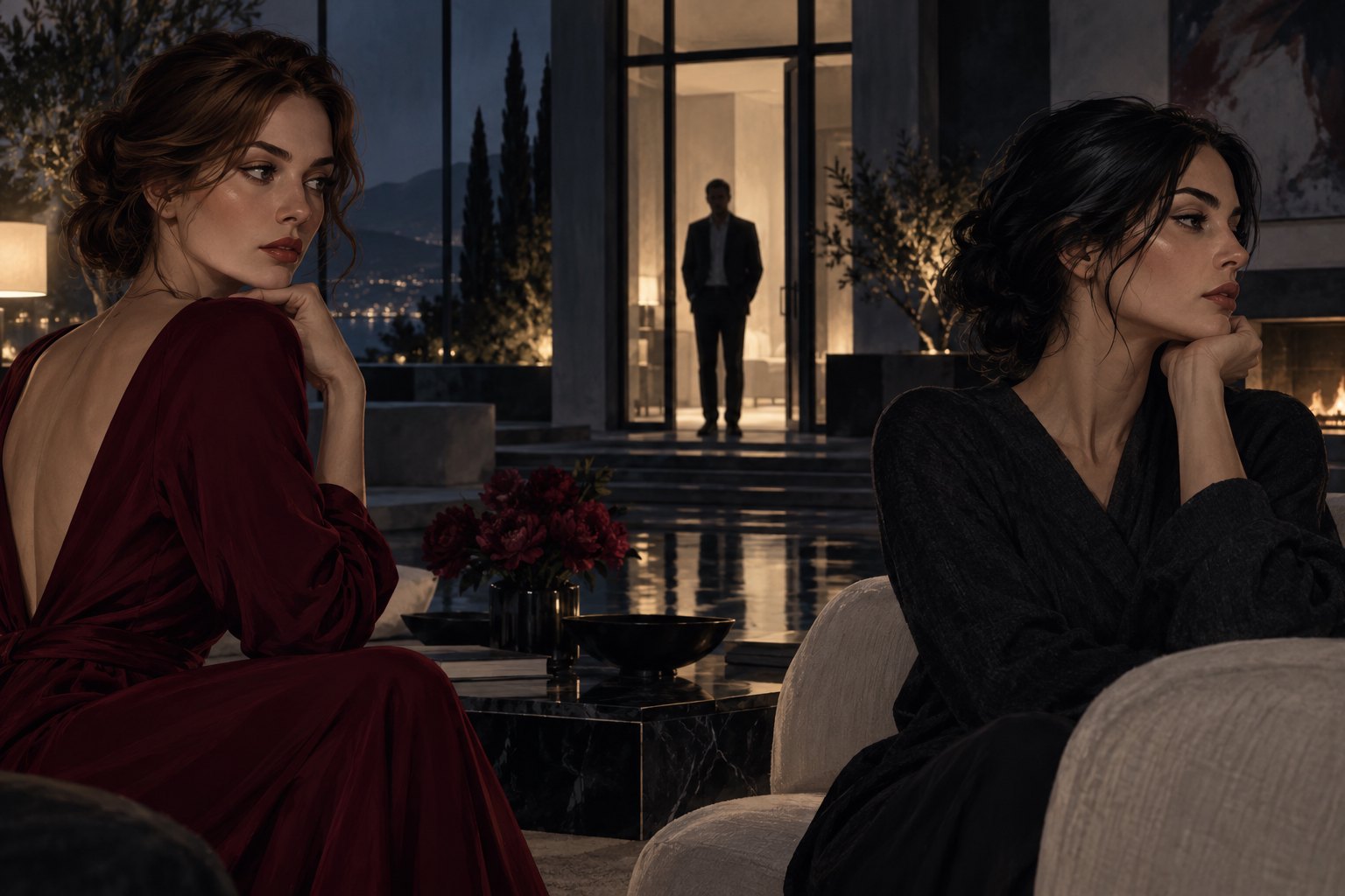 Concept illustration of two women in a shadowy interior with an indistinct man standing in a distant doorway.