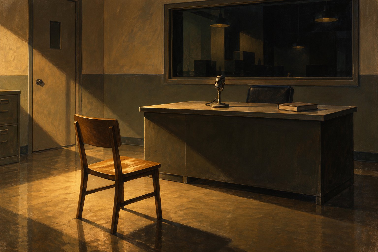 Conceptual illustration of an empty midcentury observation room with a wooden chair, desk, microphone, and dark viewing window.