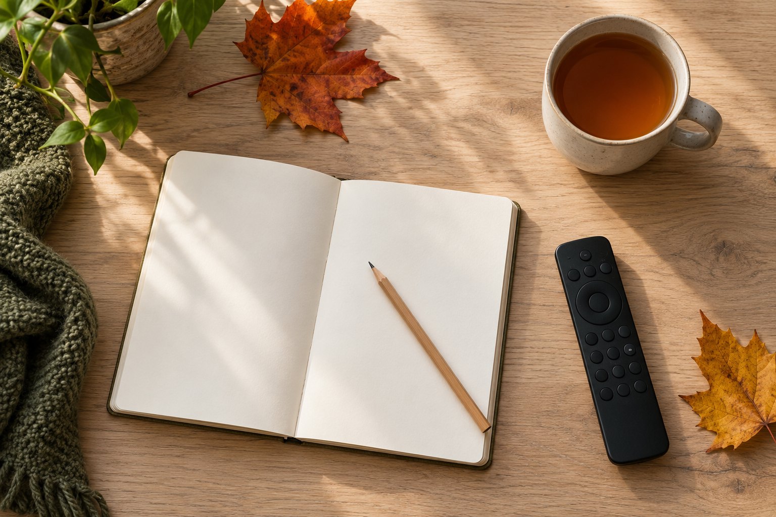 A blank notebook, pencil, television remote, and cup of tea arranged beside autumn leaves on a wooden desk.