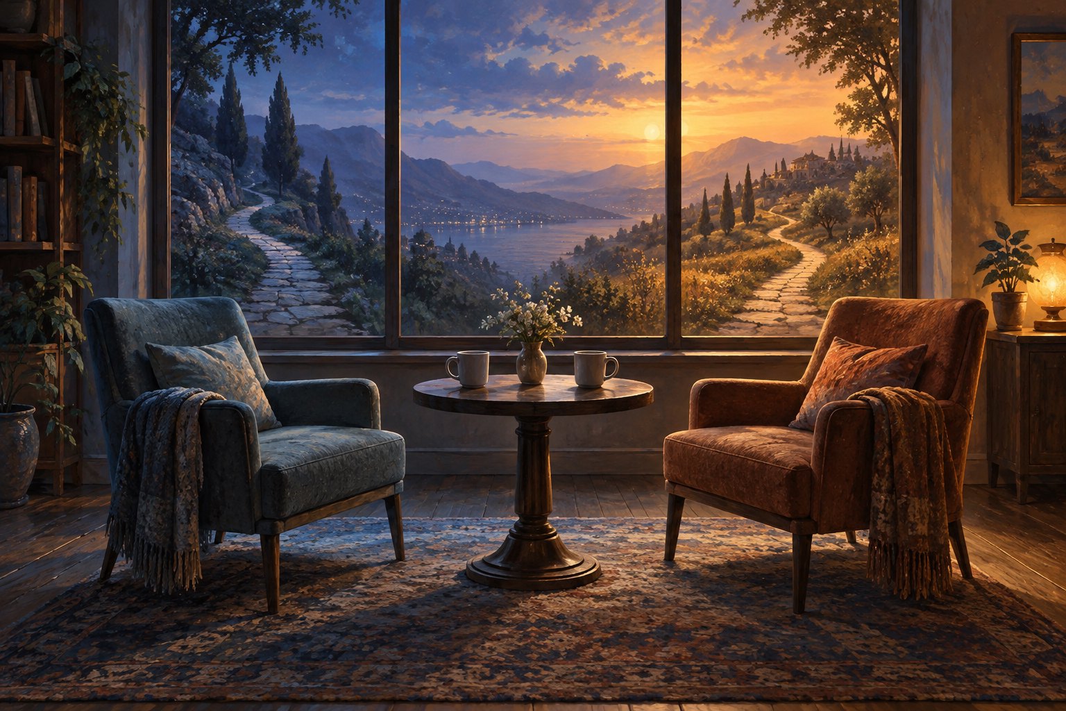 An illustration of two empty armchairs facing a round table with two cups, beside a window overlooking separate sunlit paths.