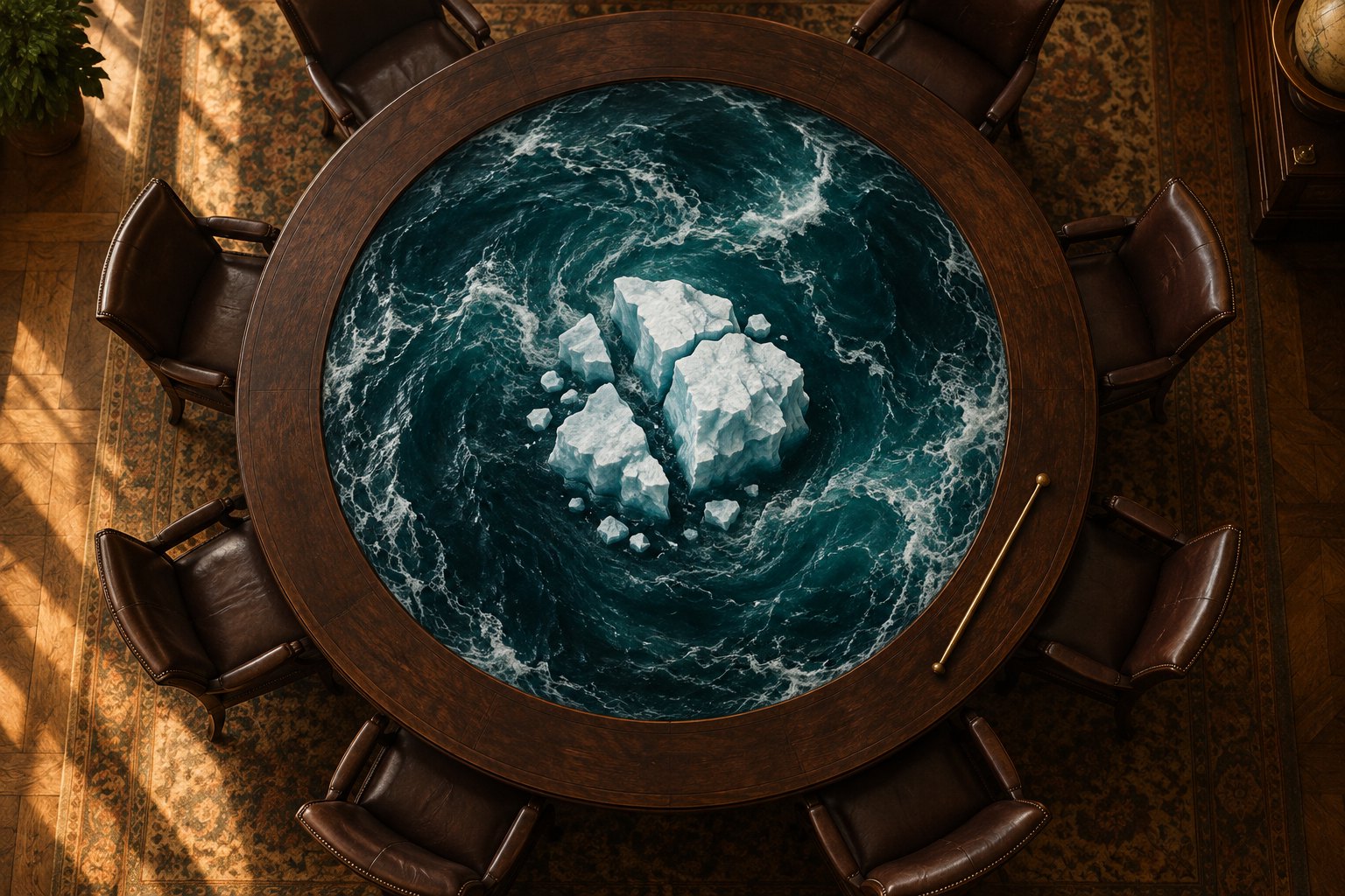 Conceptual overhead illustration of an empty conference table surrounding a swirling ocean and broken glacier.
