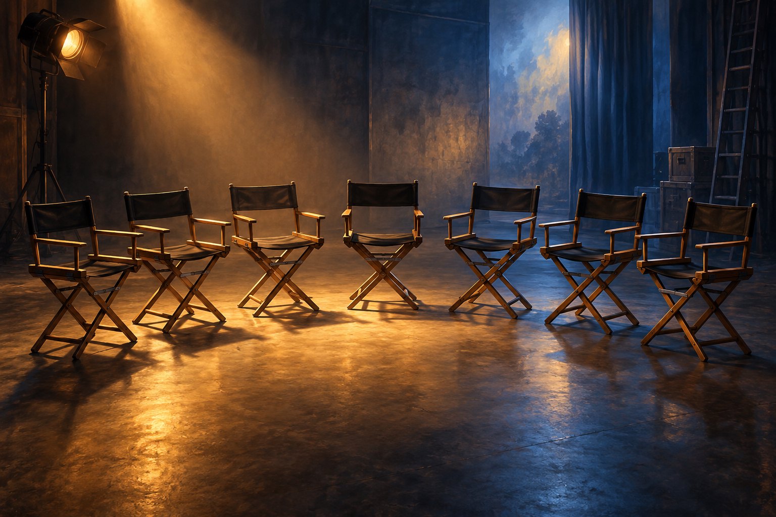 Conceptual illustration of seven empty actor chairs on a soundstage lit with amber and blue light.