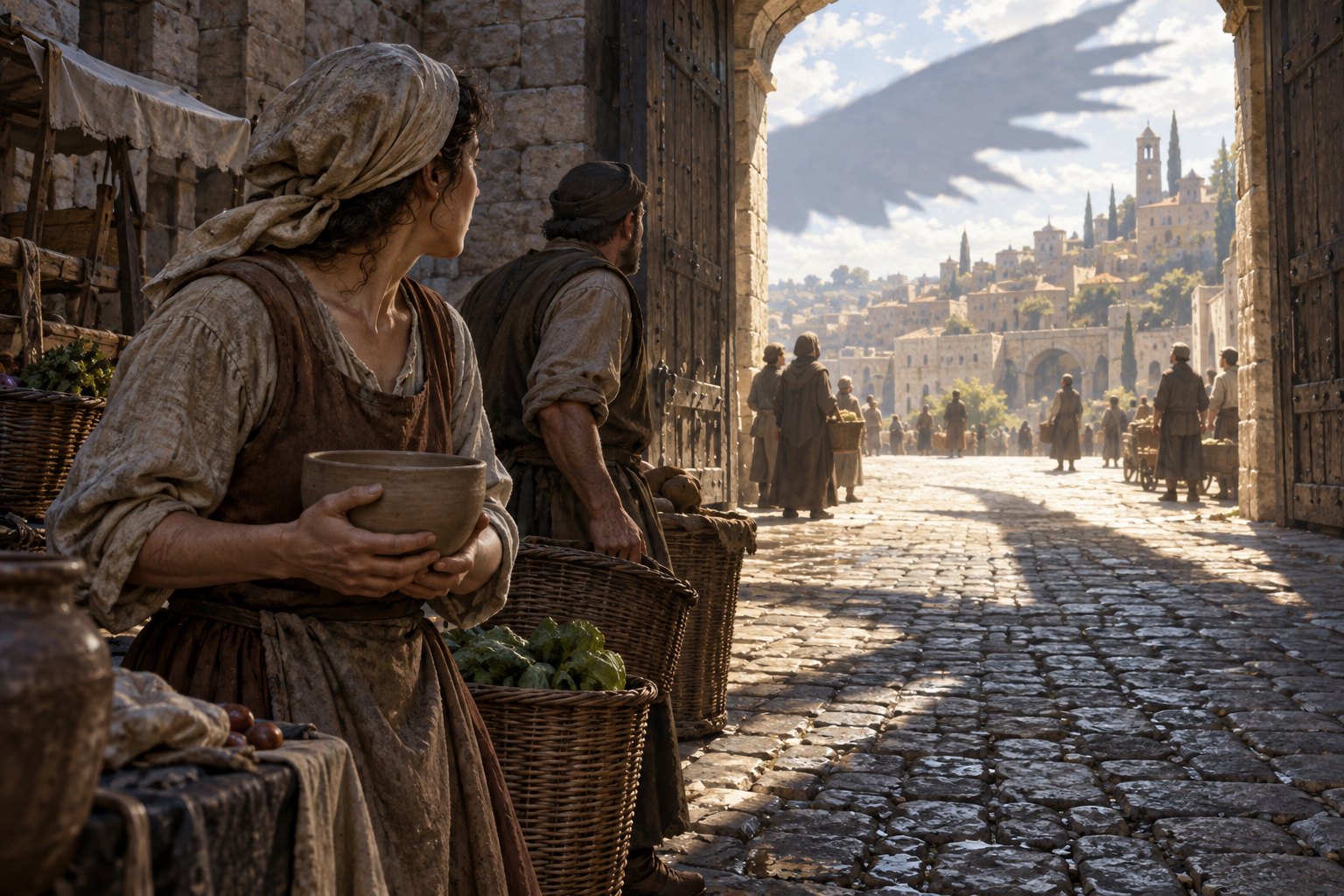 Interpretive illustration of two market workers watching from a medieval city gate as a wing-shaped shadow crosses the cobblestones.