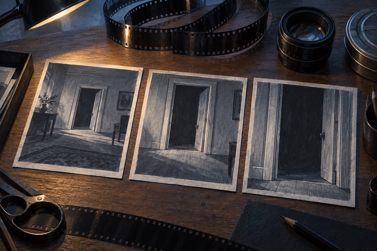 Conceptual illustration of three doorway storyboard studies beside film strips and a camera lens on a wooden desk.