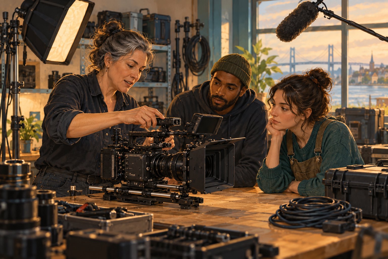 Conceptual illustration of a camera technician demonstrating a cinema camera rig to two adult trainees in an equipment workshop.