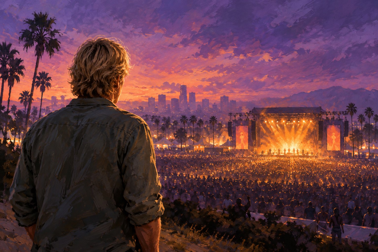 Conceptual illustration of a blond father figure overlooking a crowded outdoor music festival beneath a purple and orange evening sky.