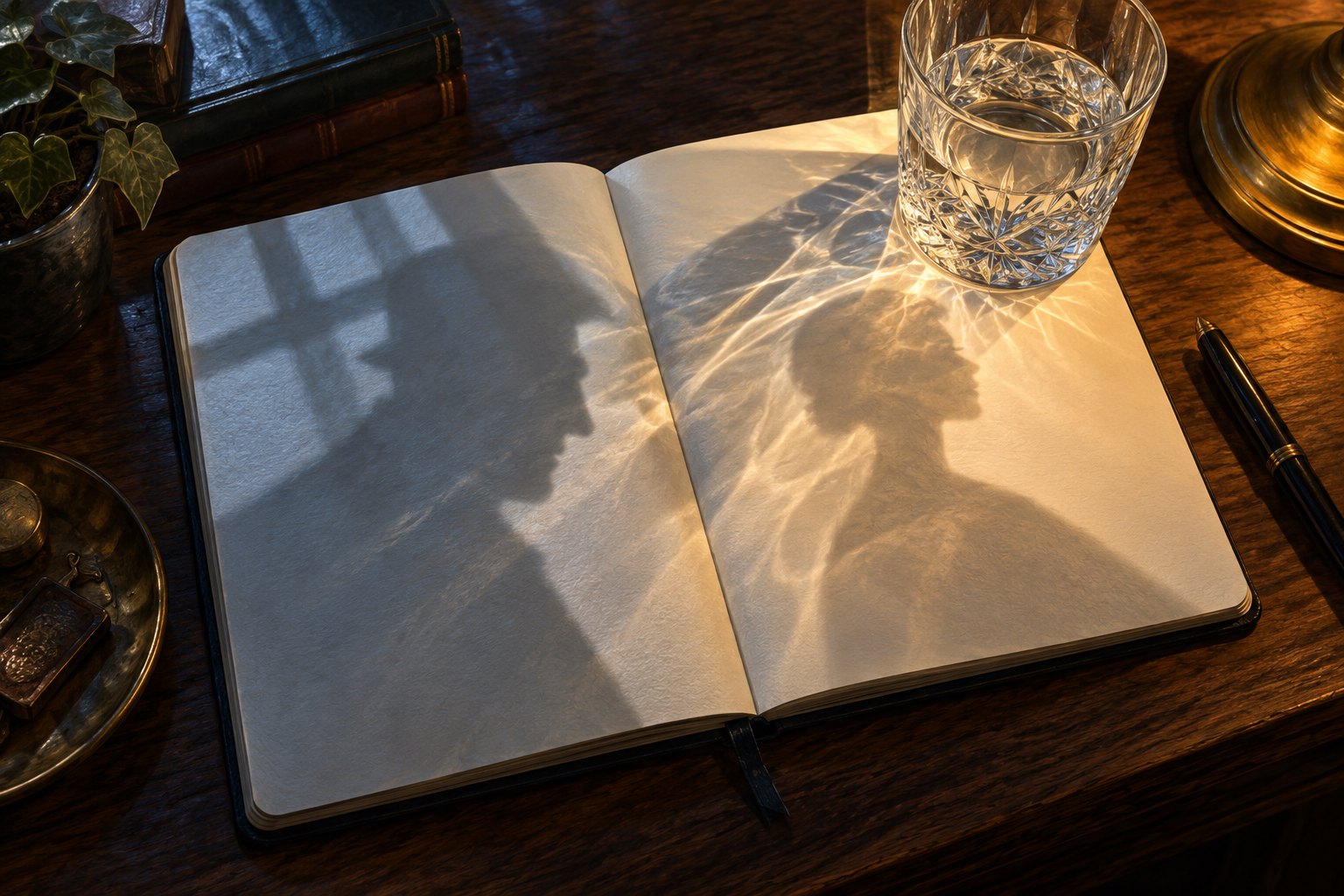 Conceptual illustration of two profile shadows falling across a blank notebook beside a faceted glass in contrasting warm and cool light.