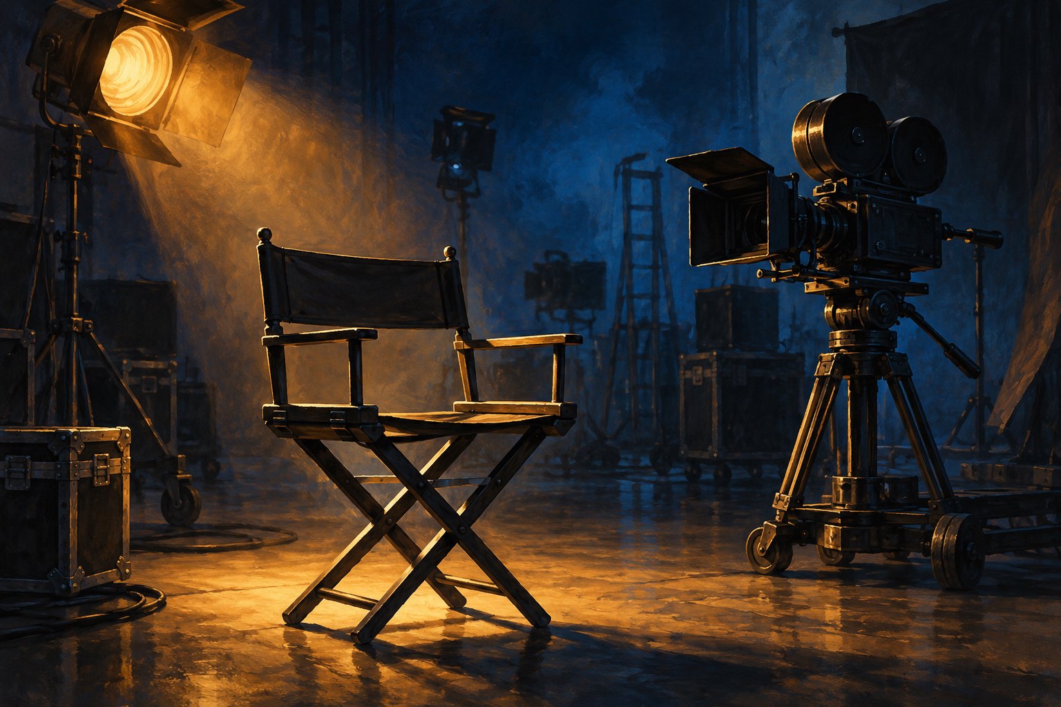 Conceptual illustration of an empty director’s chair and movie camera under warm studio lighting.