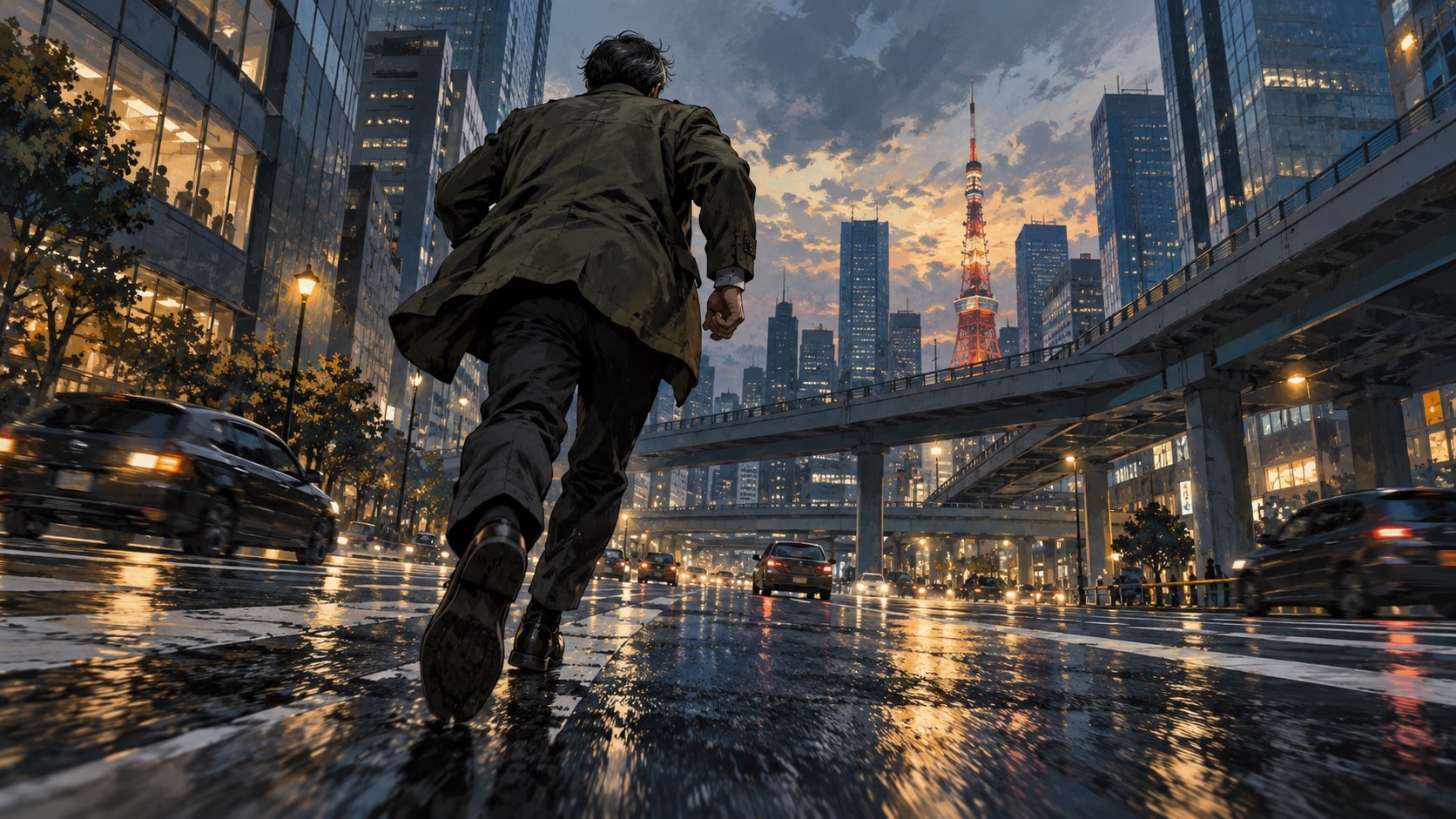 虛構刑警背對鏡頭奔向東京風格街道的原創情境插畫,非電影劇照