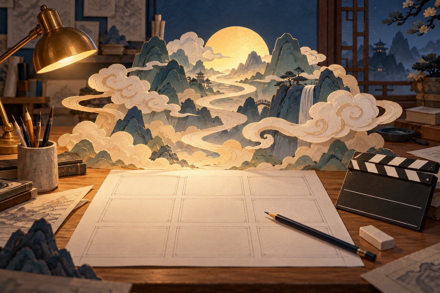 动画创作桌上的空白分镜纸、场记板与纸雕云山,表现创作主题的概念插画,非影片剧照