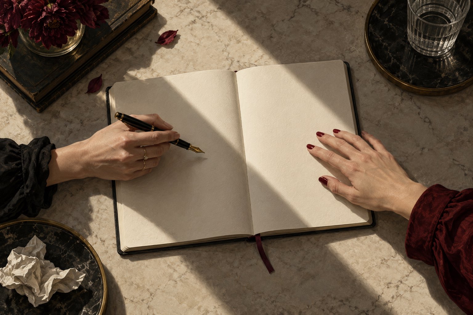 Conceptual illustration of two hands sharing a blank notebook, with a fountain pen and a diagonal shadow suggesting competing authorship.