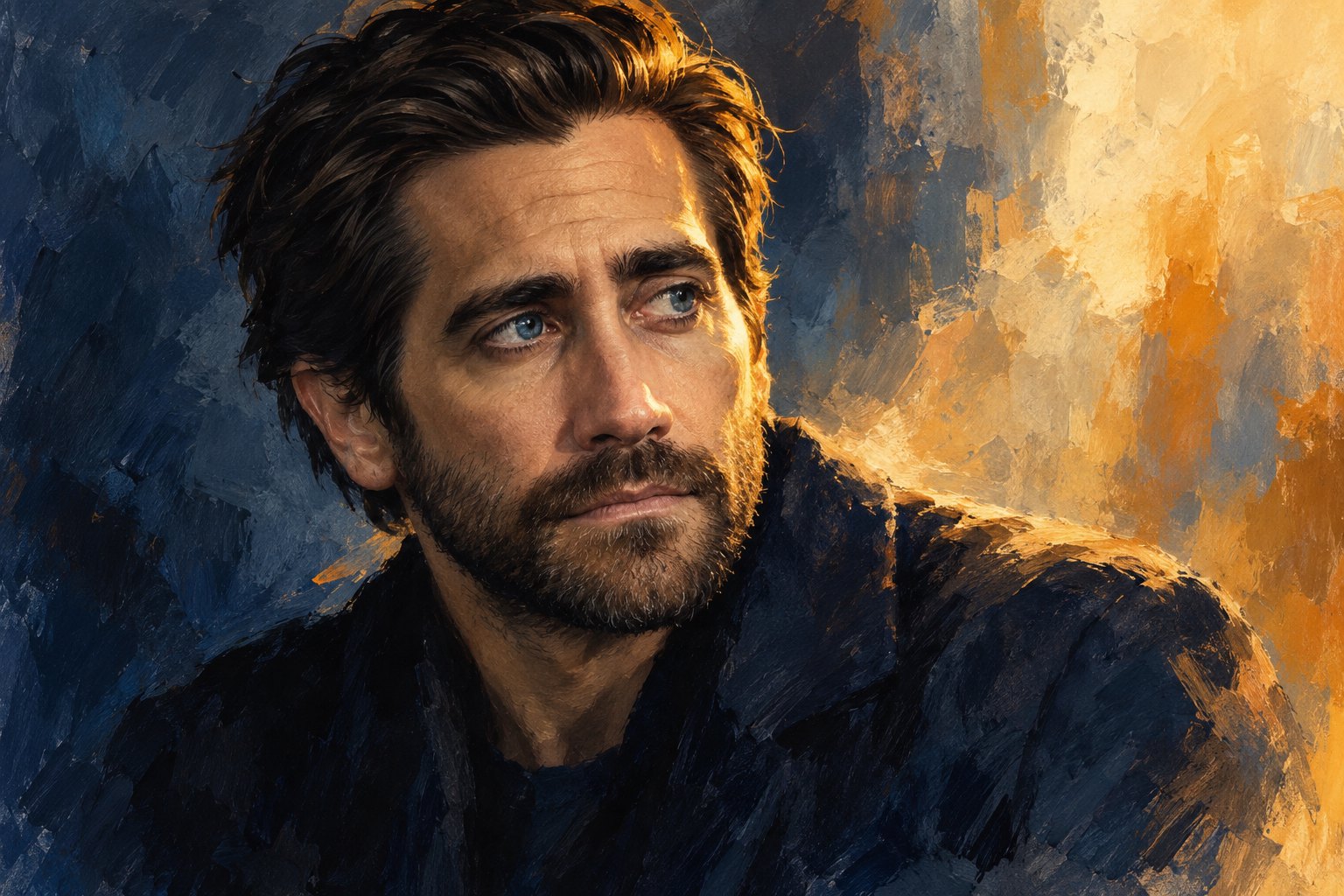 Painterly portrait of Jake Gyllenhaal with a thoughtful expression, deep blue shadows, and warm amber light.