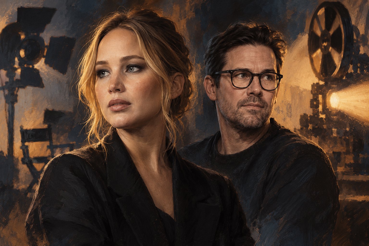 Editorial illustration of Jennifer Lawrence and Zach Cregger against dark cinema equipment and warm projector light.