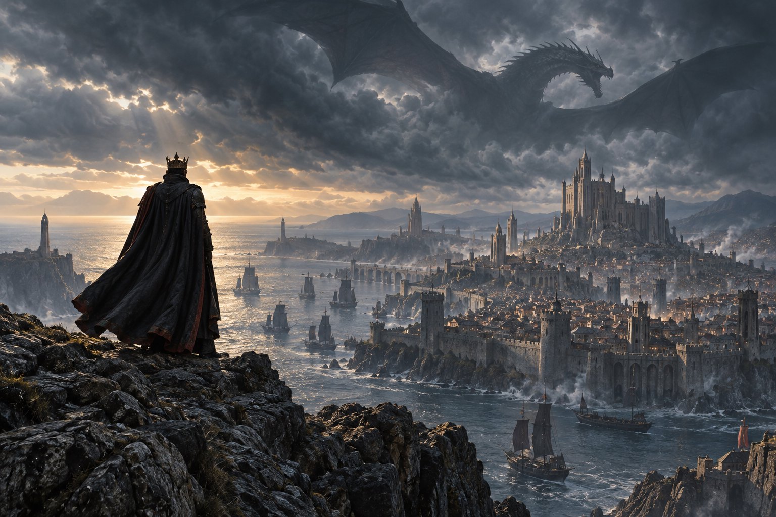 Interpretive illustration of a crowned ruler overlooking a fortified coastal city beneath a vast dragon in storm clouds.