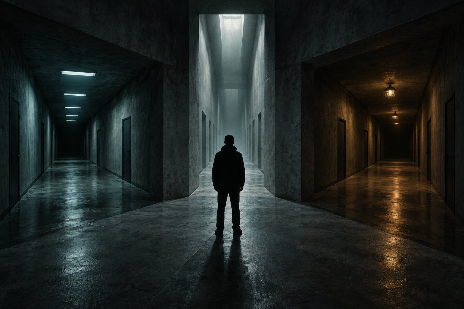 Concept illustration of a lone figure facing three shadowy institutional corridors lit in cool blue and muted amber.