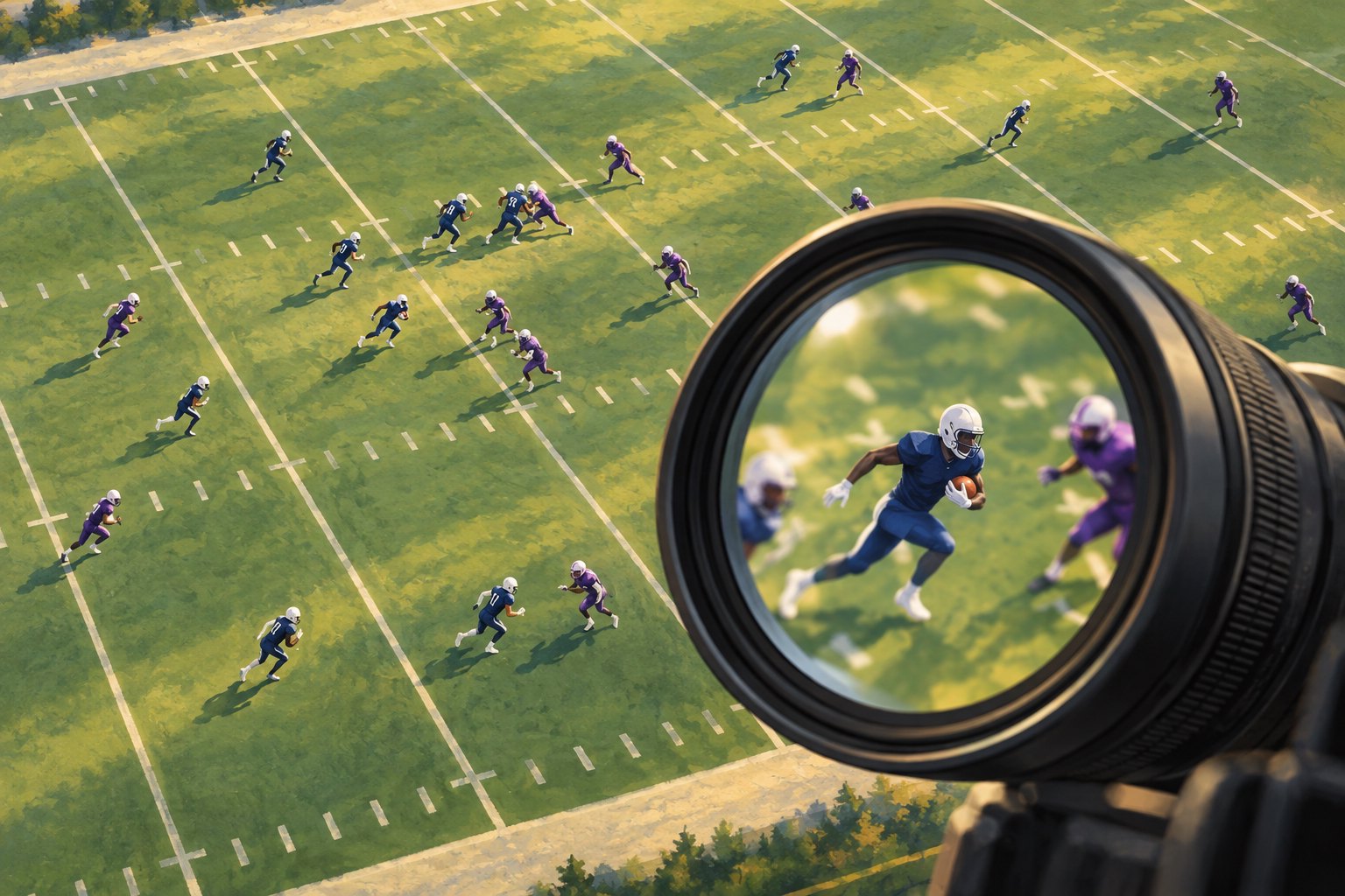 Conceptual illustration of a camera lens isolating a football player while a wider field reveals surrounding teammates and defenders.