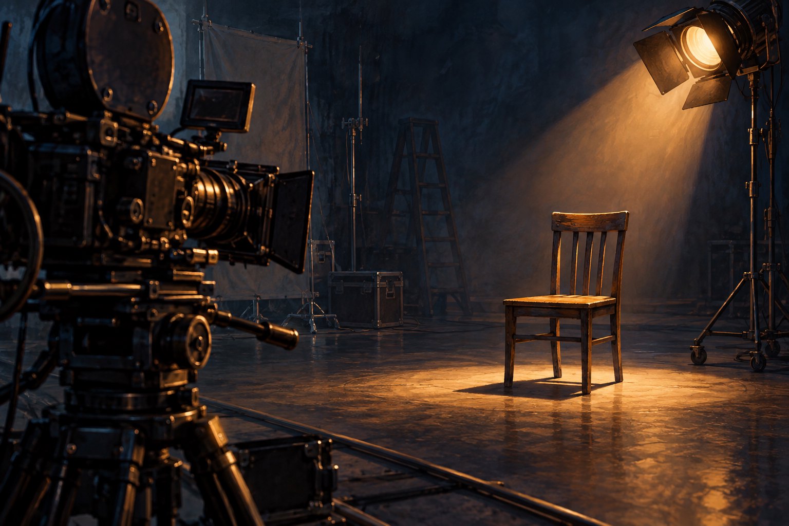 Conceptual illustration of a cinema camera facing an empty wooden chair under a warm spotlight on a dark soundstage.