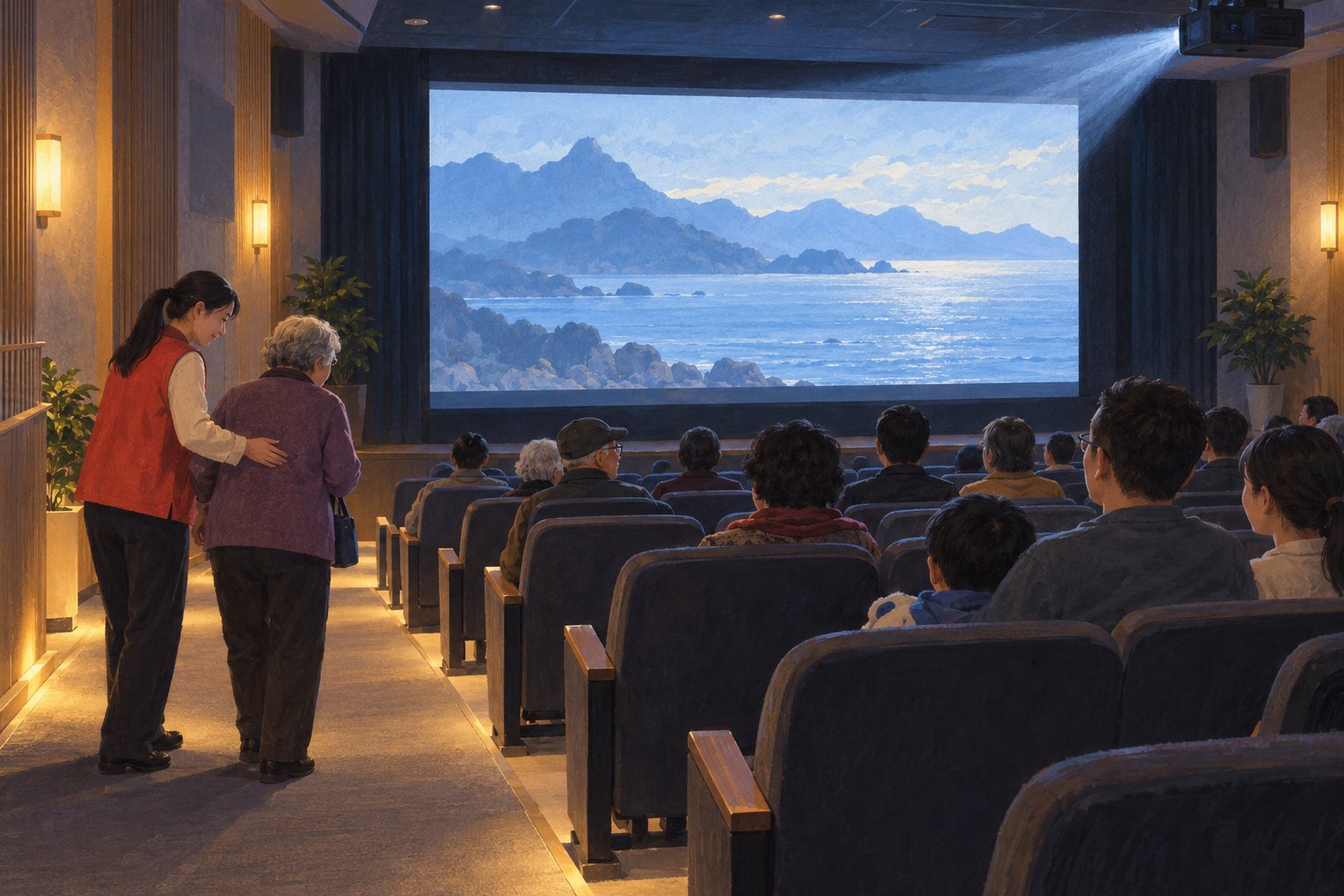 公益观影概念插画:观众在室内观看山海画面,志愿者在过道旁引导长者入座