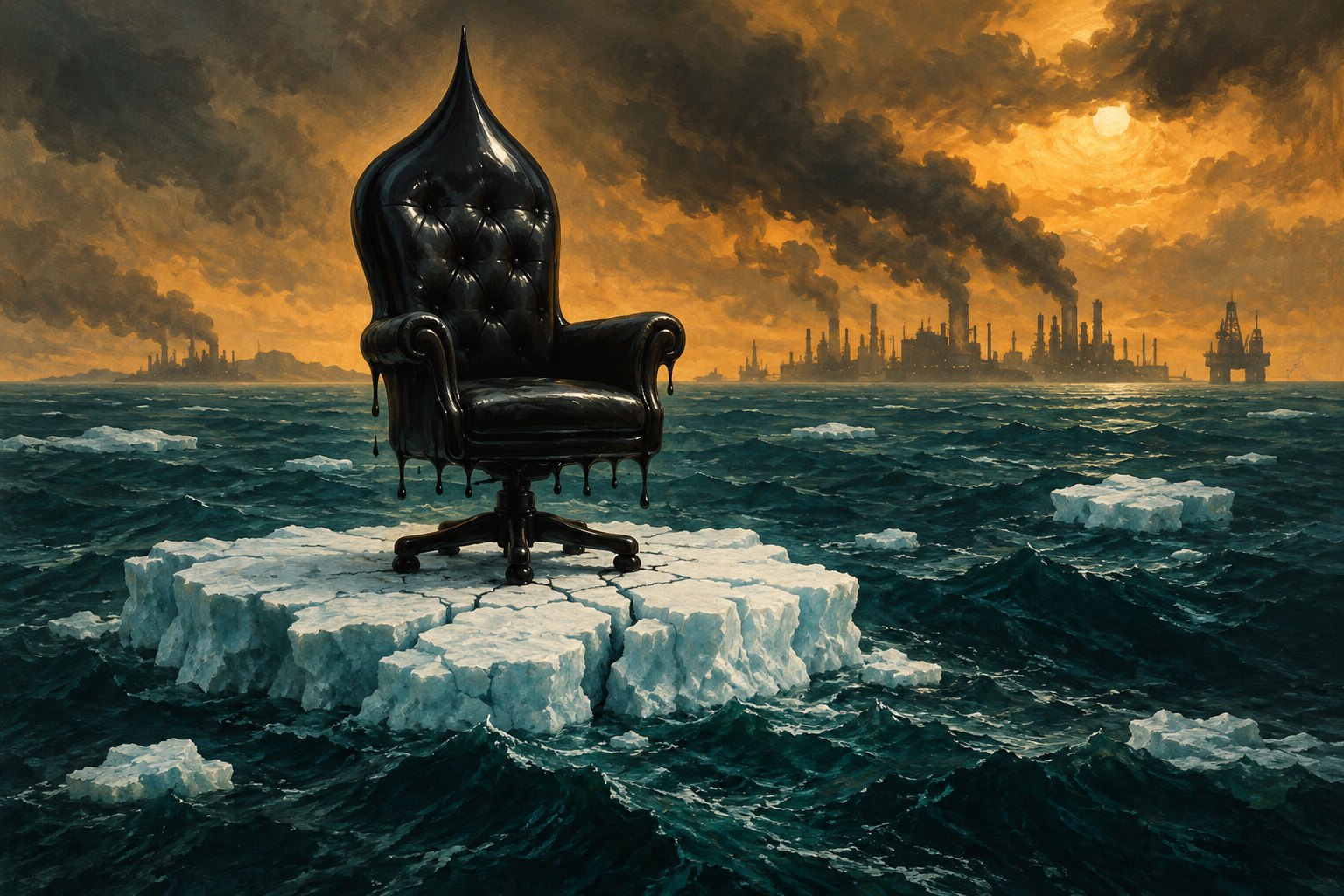 Conceptual illustration of an oil-black executive chair on fractured sea ice beneath an amber industrial sky.