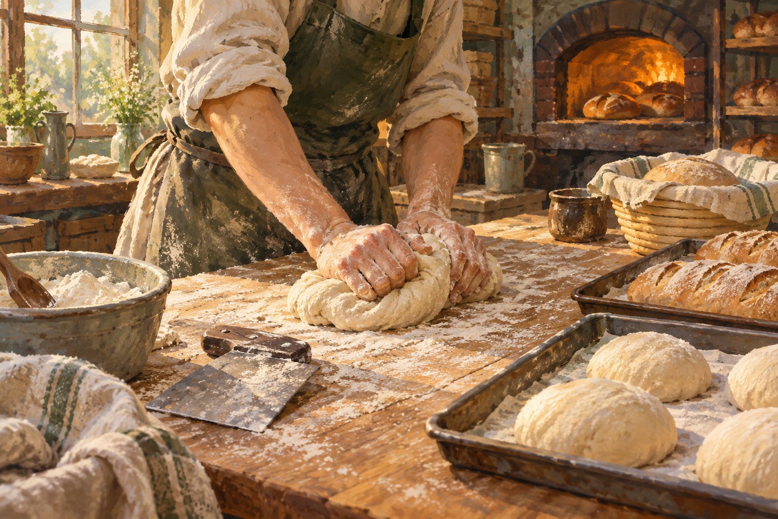 Conceptual illustration of a baker kneading dough on a flour-covered worktable beside bread trays and a glowing oven.