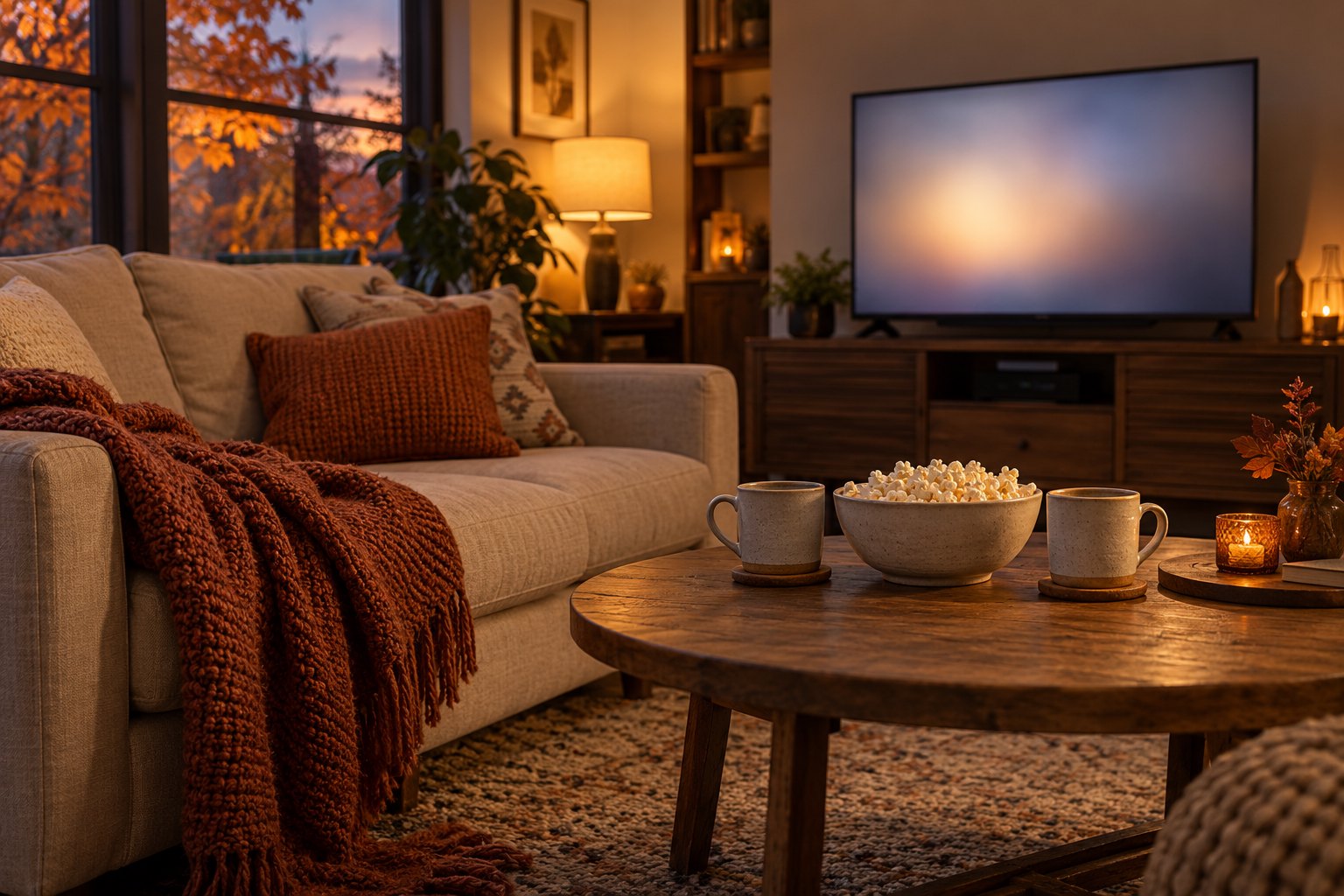 An autumn living room with a glowing television, a rust-colored throw, popcorn, and two mugs on a wooden coffee table.