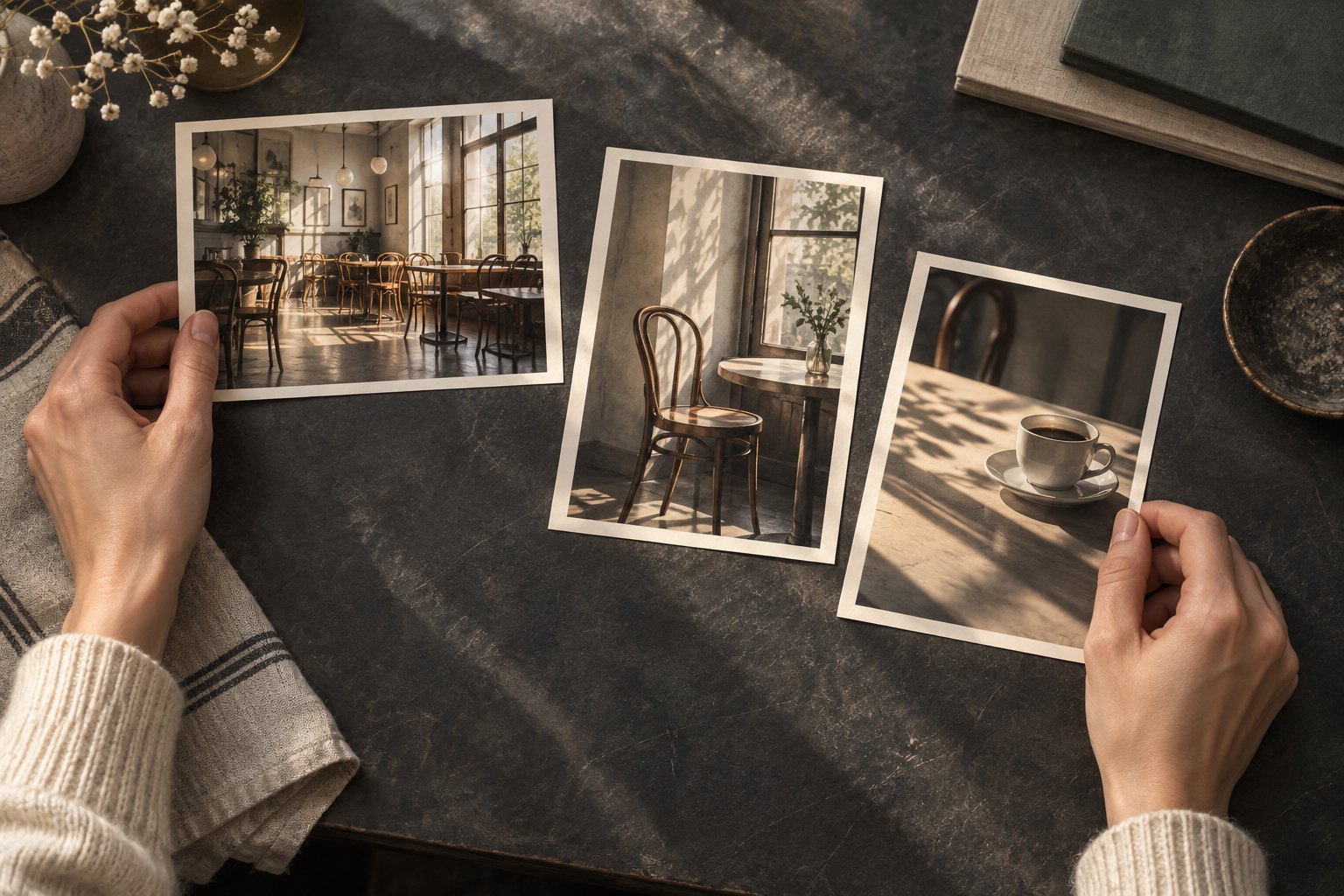 Hands arrange three photographic prints showing a sunlit cafe, a chair by a window, and a cup casting a shadow.