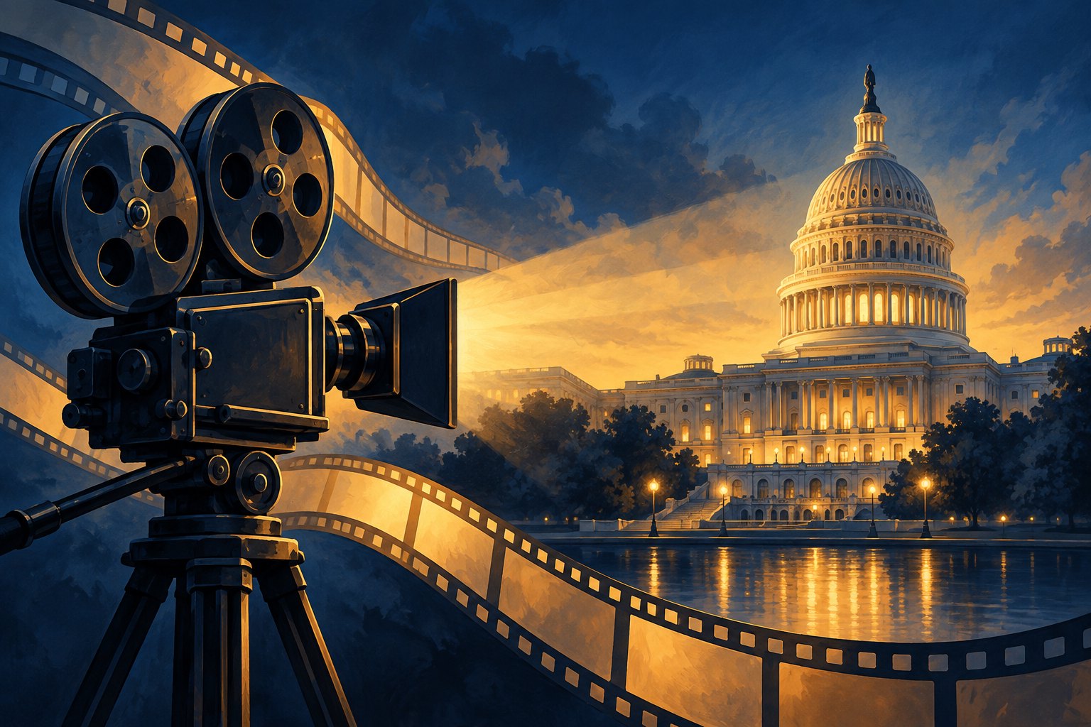 Editorial illustration of a movie camera and sweeping filmstrips beside the illuminated U.S. Capitol.