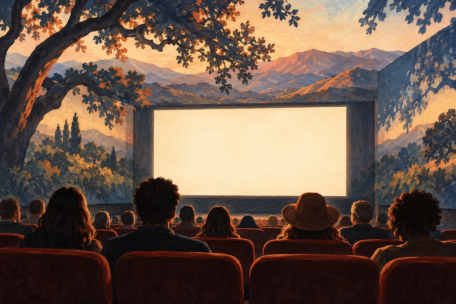 Conceptual illustration of a cinema audience facing a blank screen surrounded by oak branches and sunlit mountains.