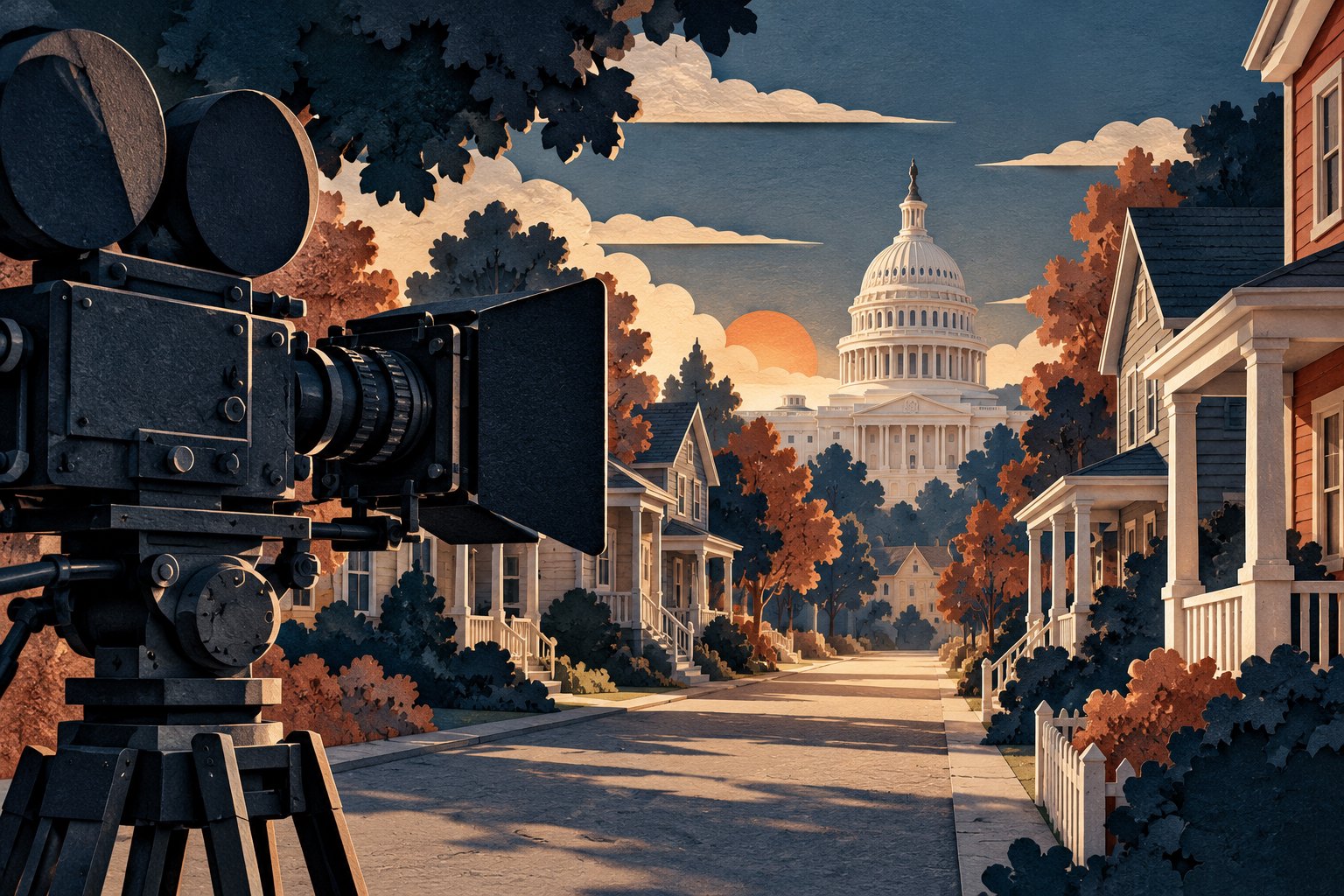 Paper-cut illustration of a movie camera overlooking a residential street with the U.S. Capitol in the distance.