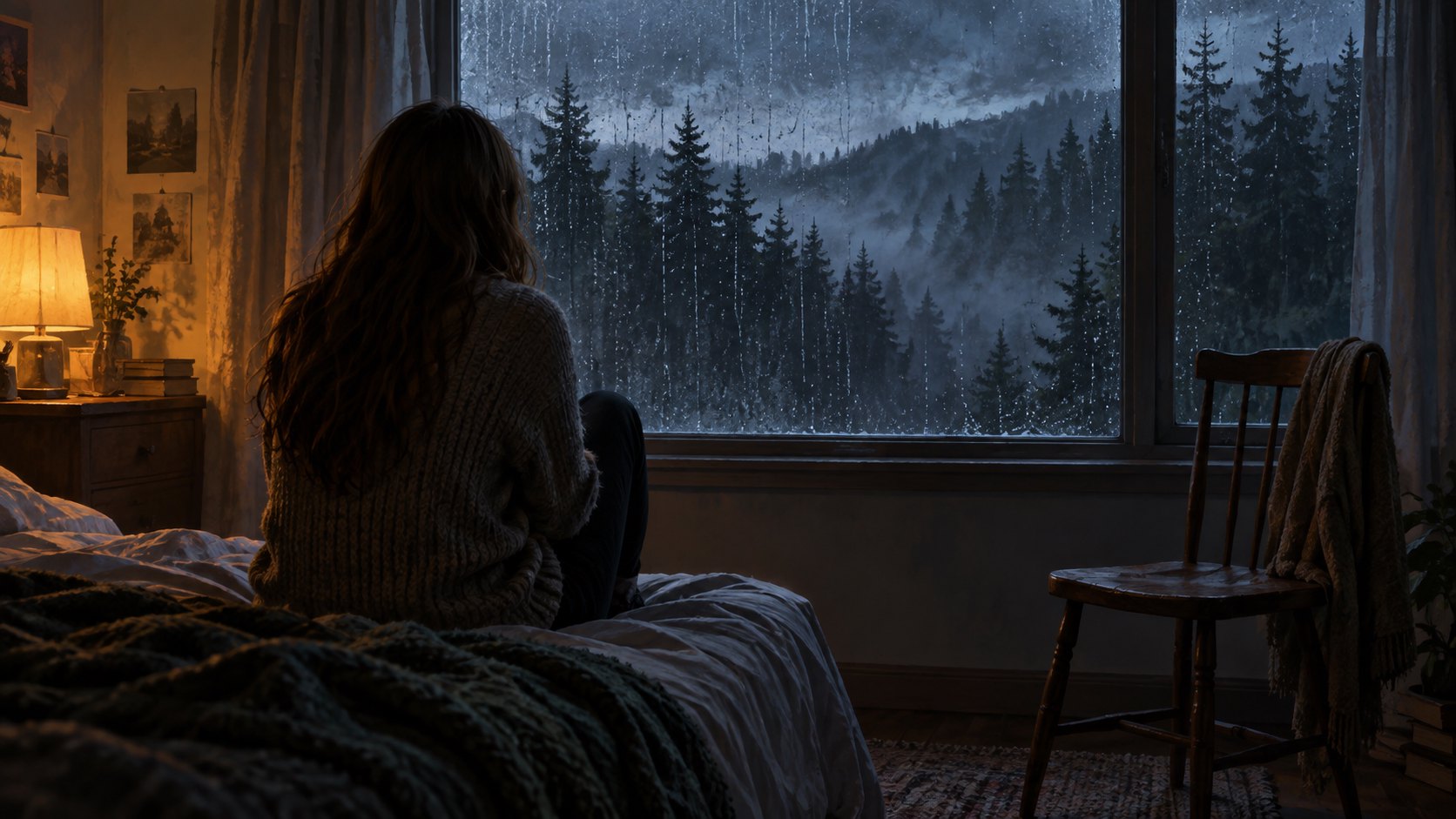 女子獨坐雨窗前望向幽暗森林,身旁空椅象徵離別的情境插畫
