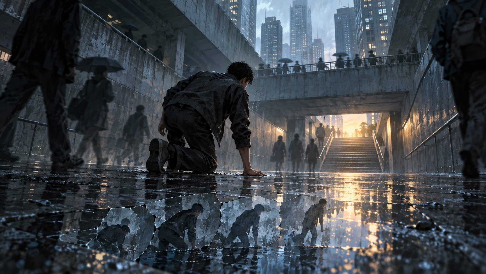 原創概念插畫：男子在雨後城市地下道撐地起身，水中倒影呼應反覆承受壓力的處境，非電影劇照