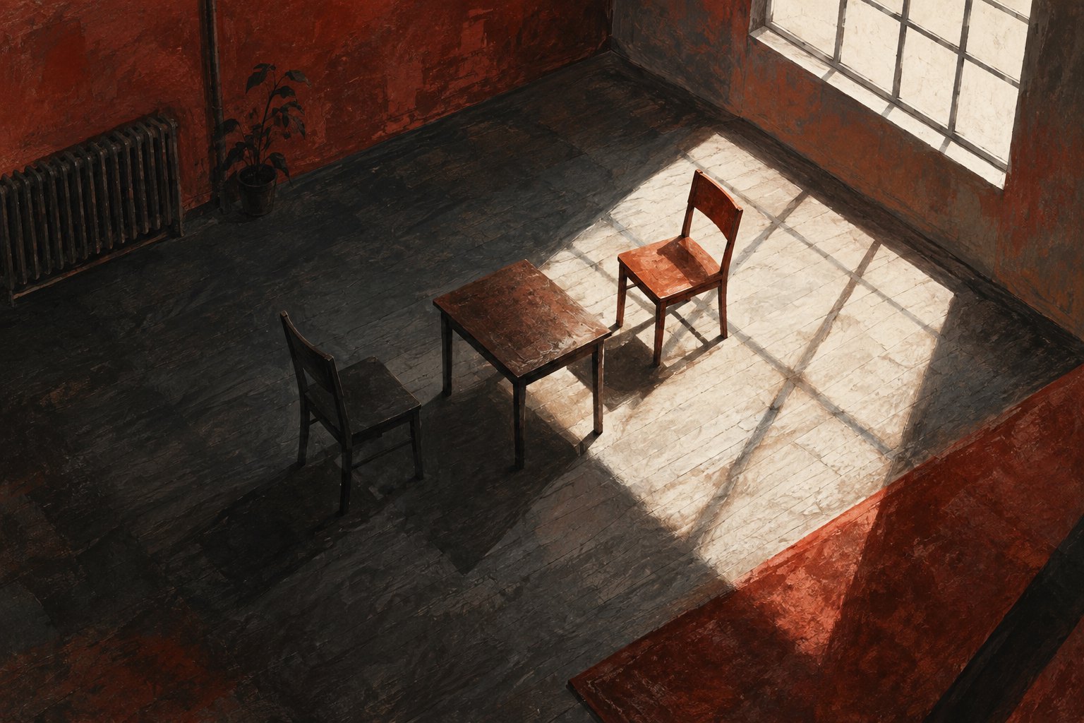Conceptual illustration of two wooden chairs across a small table, with window light dividing the room.