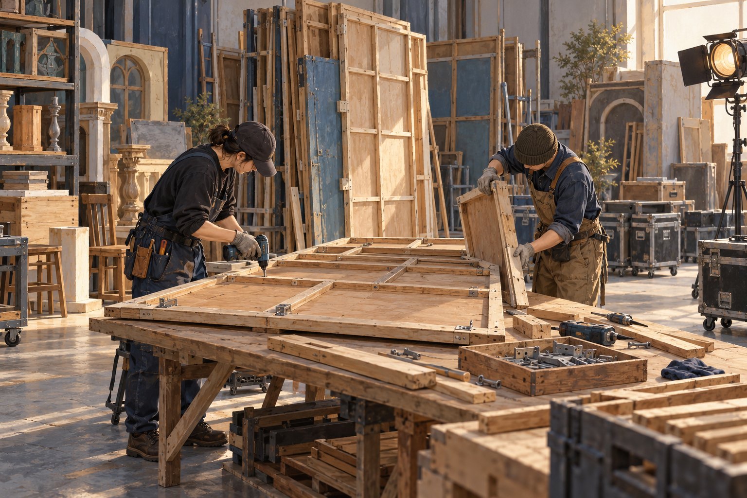 布景复用主题示意图:两名工作人员在工坊拆解木质景片,周围整齐存放着布景构件