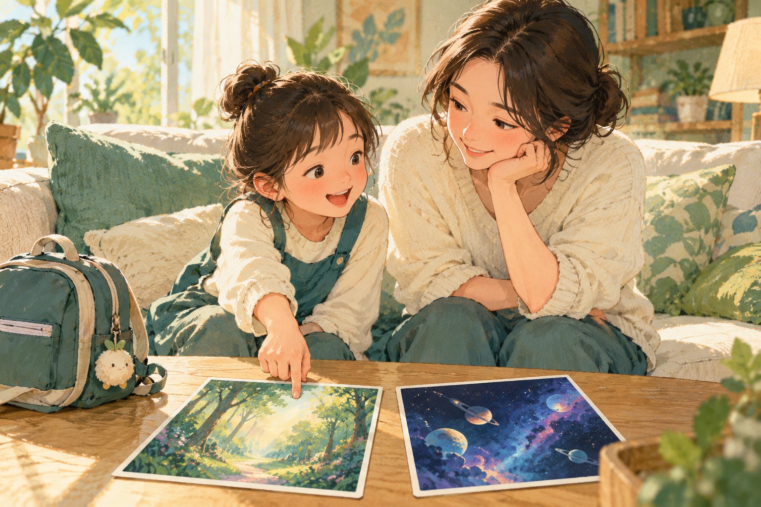 原创概念插画:母亲与孩子在客厅讨论森林和太空主题的画卡,共同选择观影兴趣