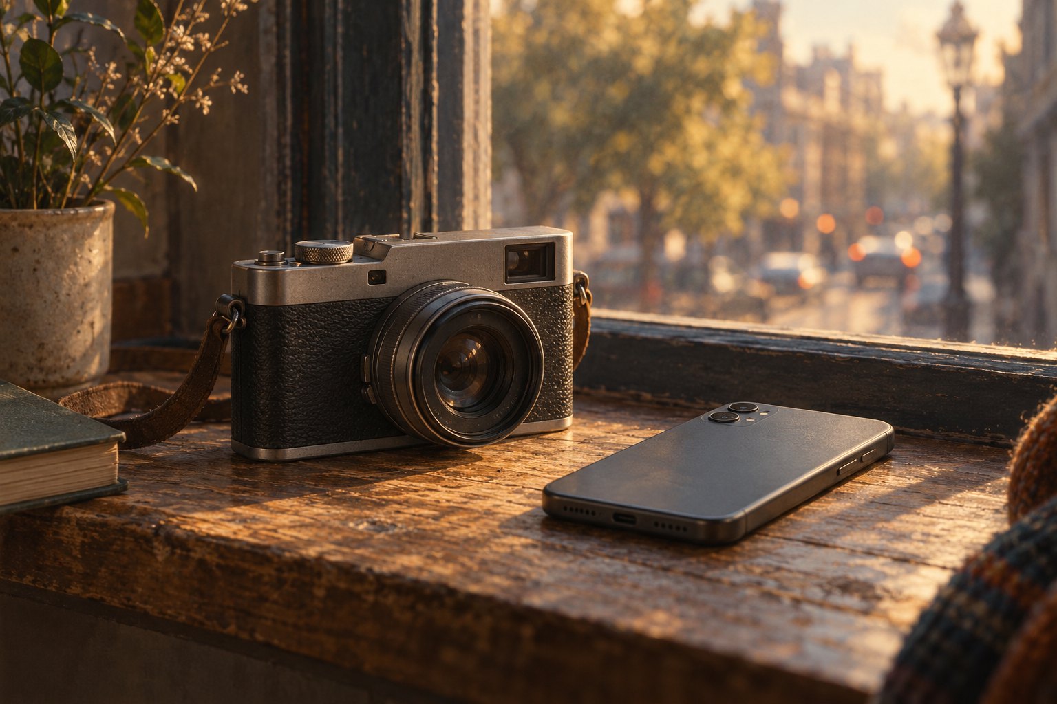 Editorial illustration of a retro-style camera beside a face-down smartphone on a sunlit wooden windowsill.