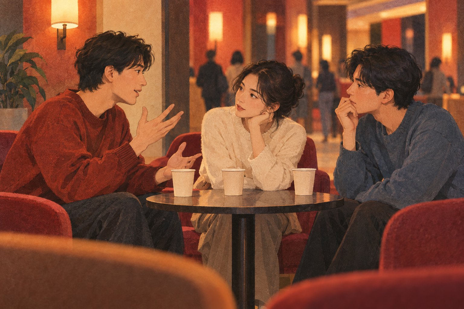 三位朋友坐在影院休息区交流观影感受,有人讲述、有人倾听、有人沉思