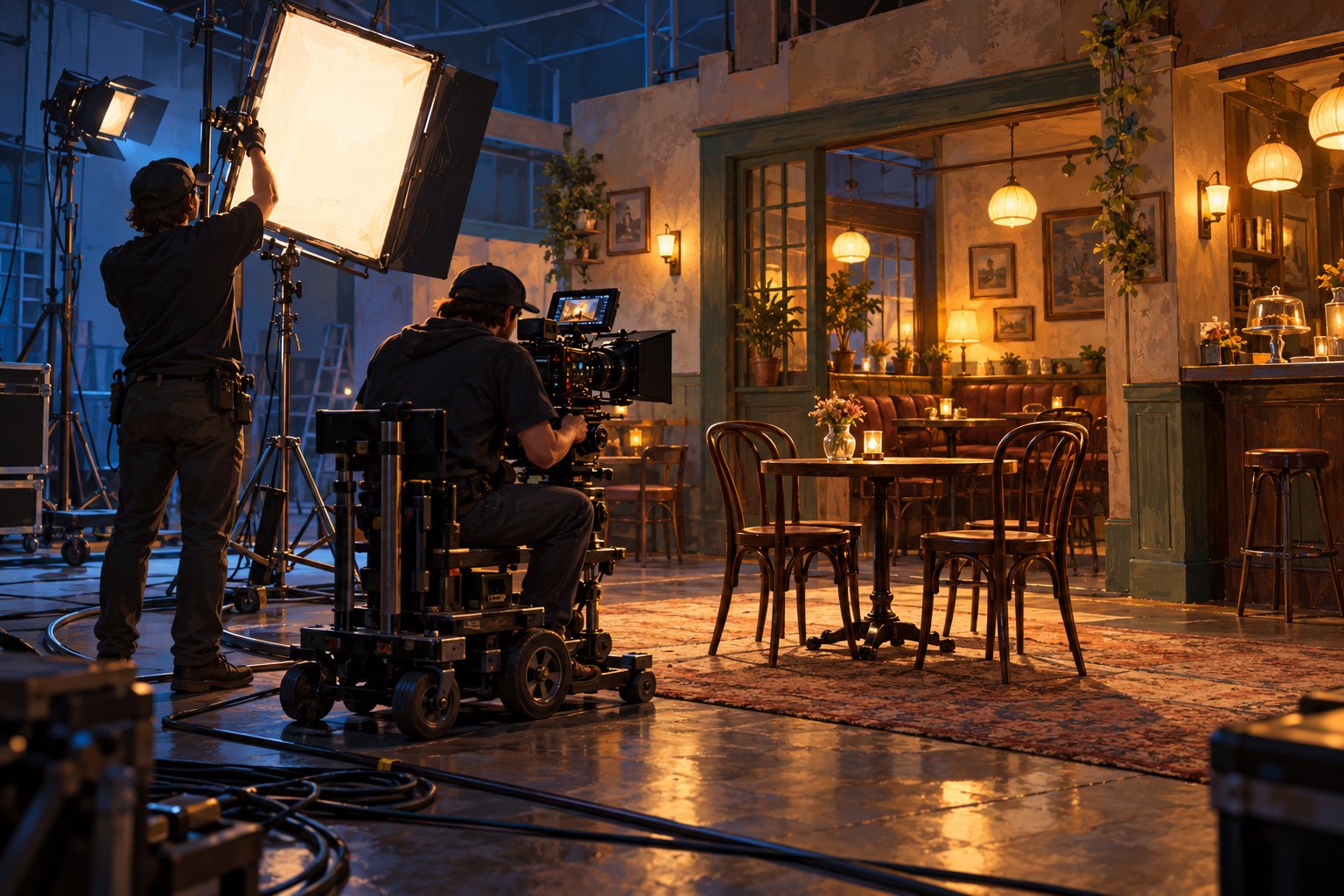 Editorial illustration of two crew members preparing a camera and lighting on a cafe film set.