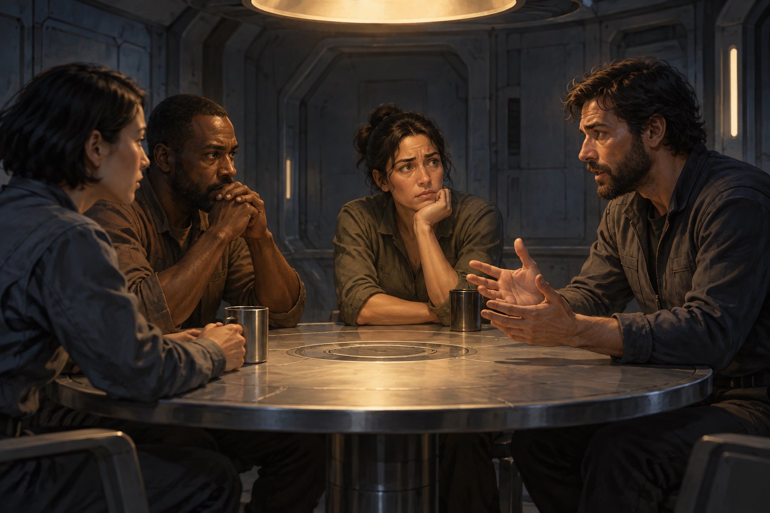 Conceptual illustration of four space travelers discussing a difficult decision around a metal table under warm overhead light.