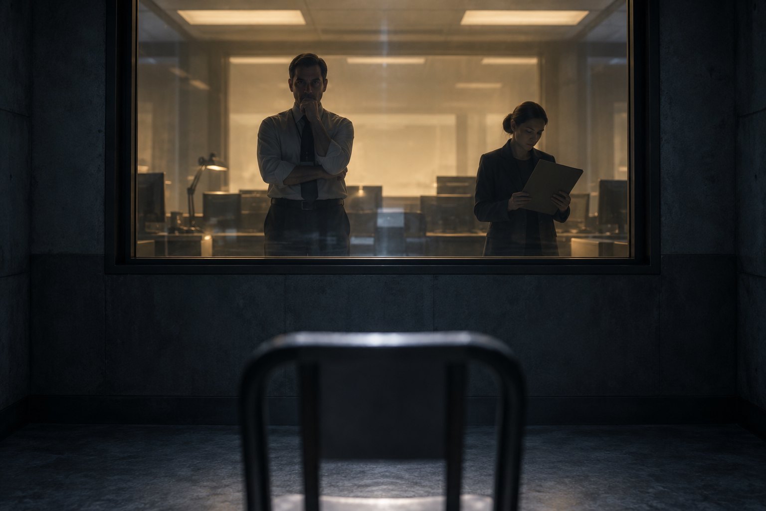 Concept illustration looking past an empty chair toward two observers behind glass in a brightly lit control room.