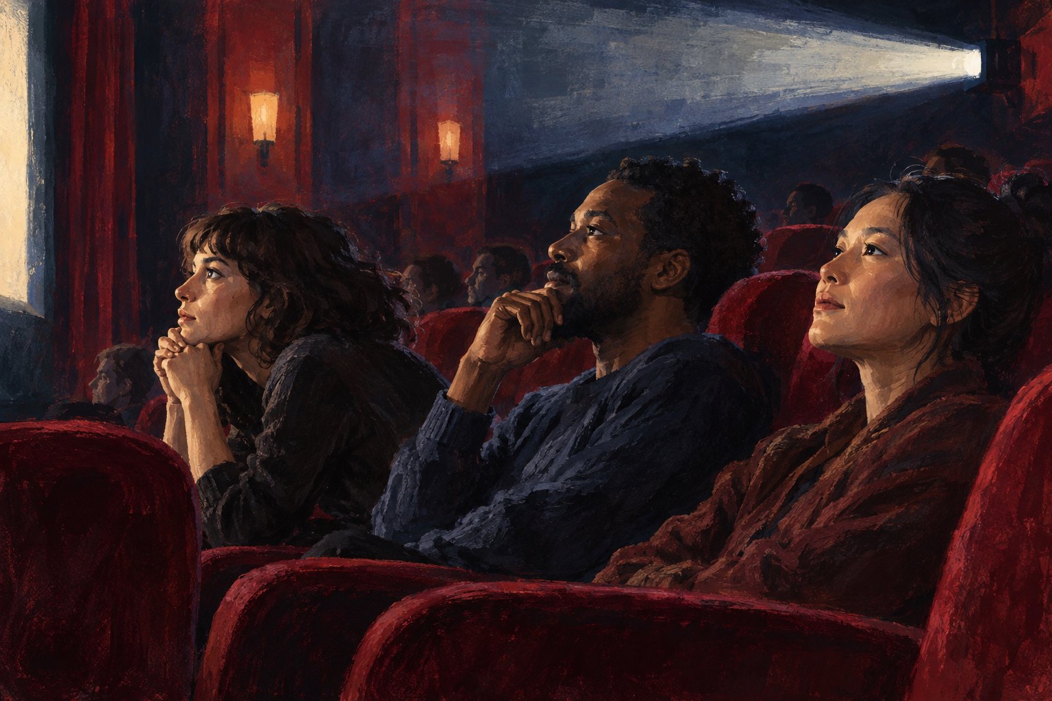 Illustration of three attentive viewers in red theater seats illuminated by light from an unseen screen.
