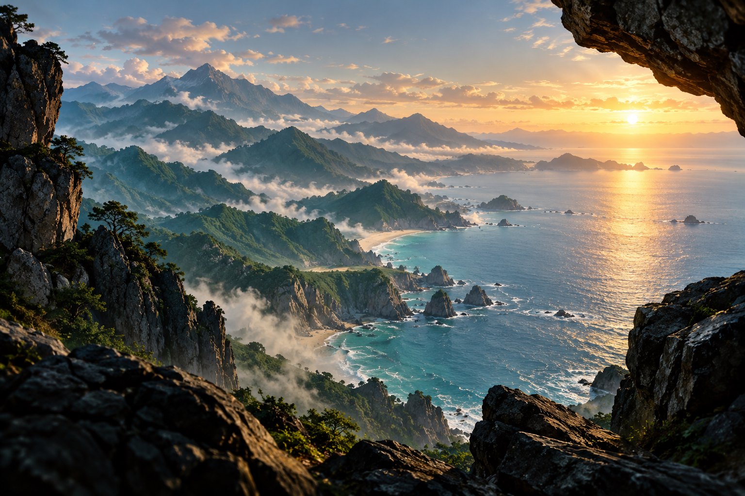 岩石框景中的青色群山与金色海湾,山间薄雾绵延的原创山海意象图,非影片剧照