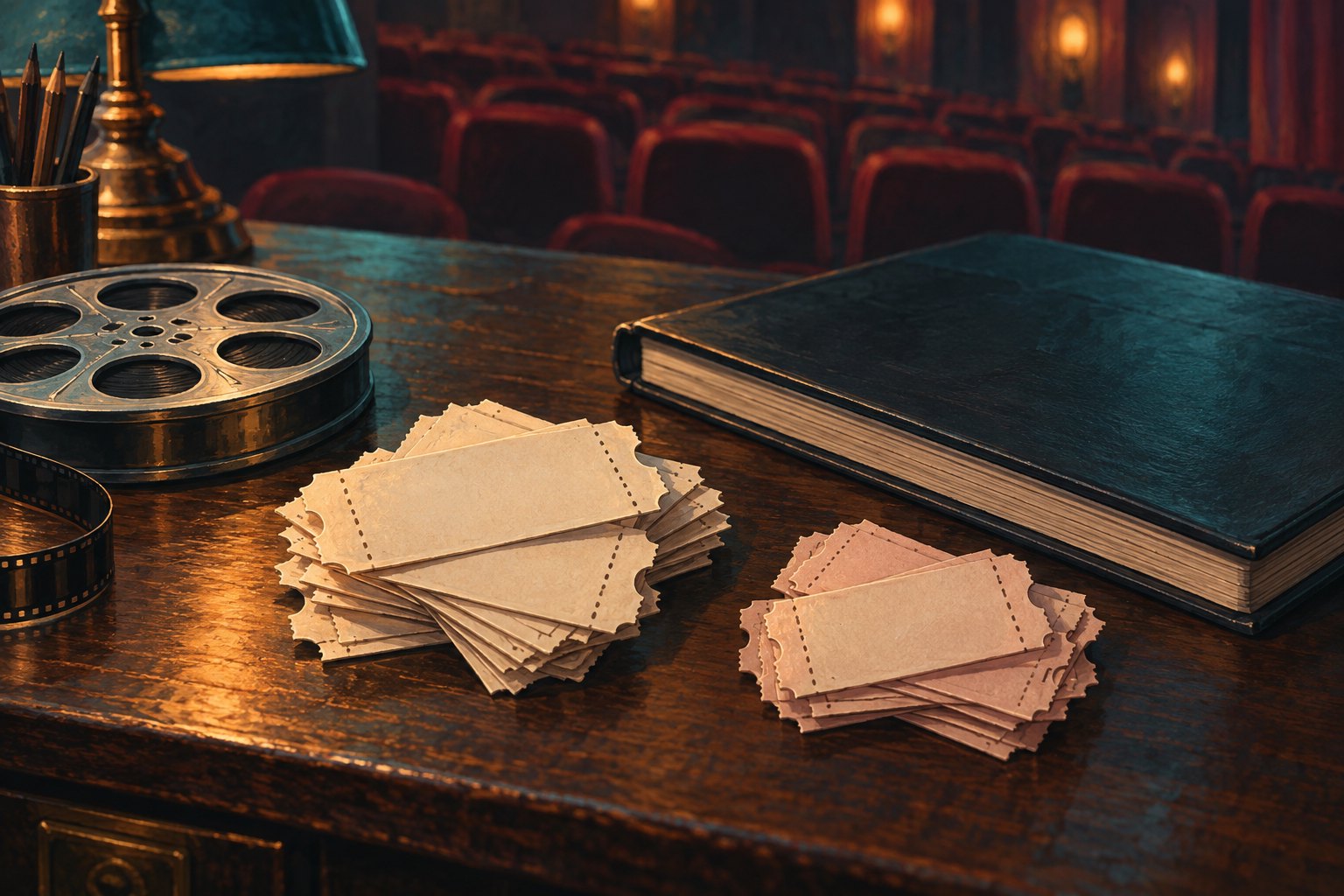 Editorial illustration of two unequal piles of blank movie tickets beside a closed ledger and film reel.