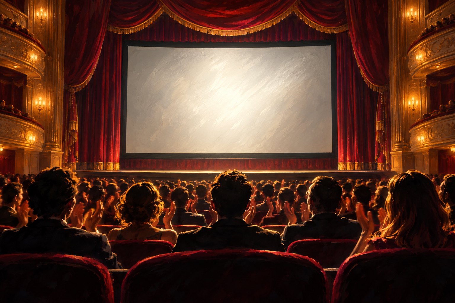 Painterly illustration of an applauding audience facing a glowing blank screen in a theater with burgundy curtains.