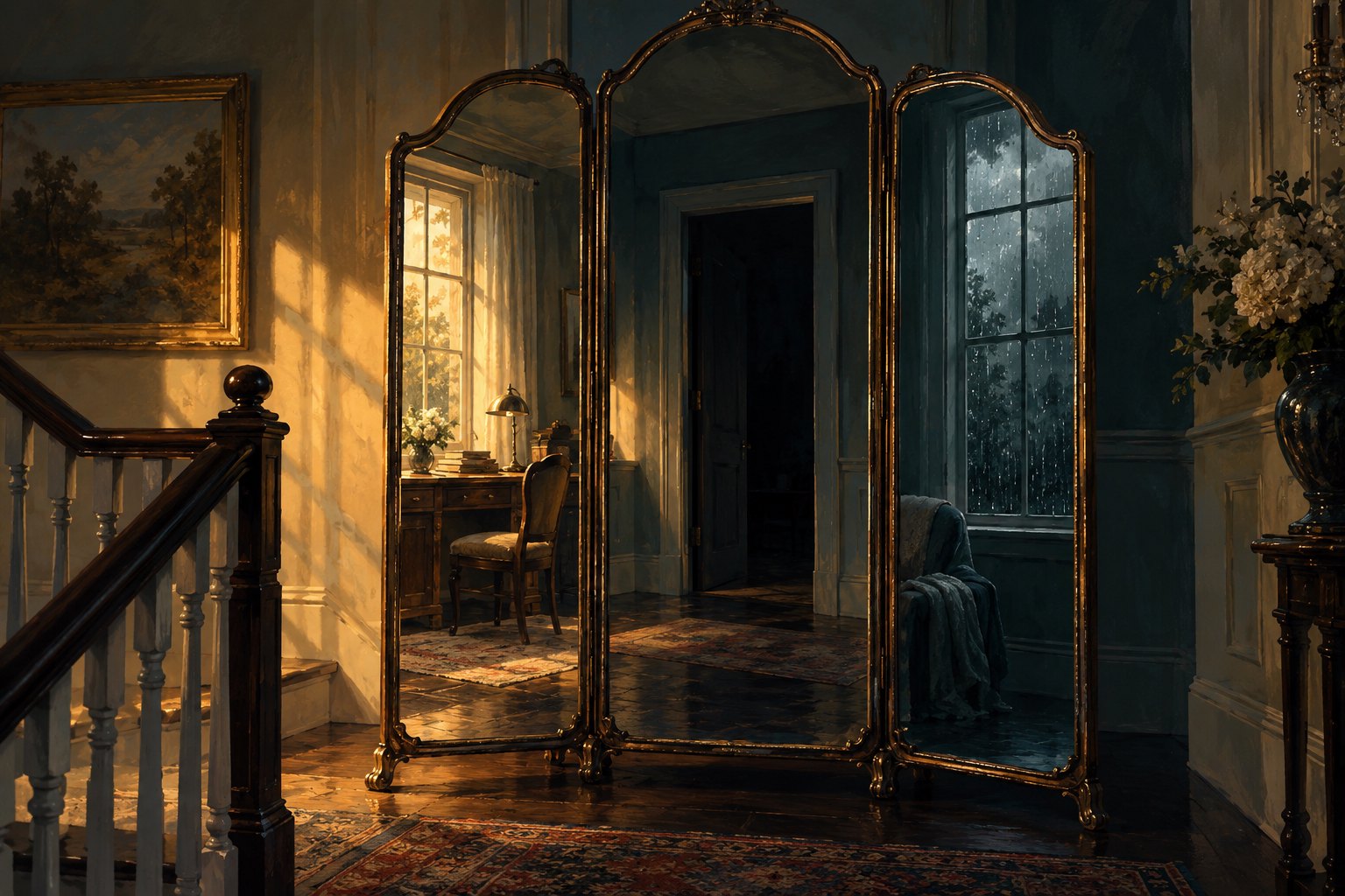 A three-panel mirror reflects a sunlit writing desk, a dark doorway, and a rain-streaked window in a conceptual illustration.